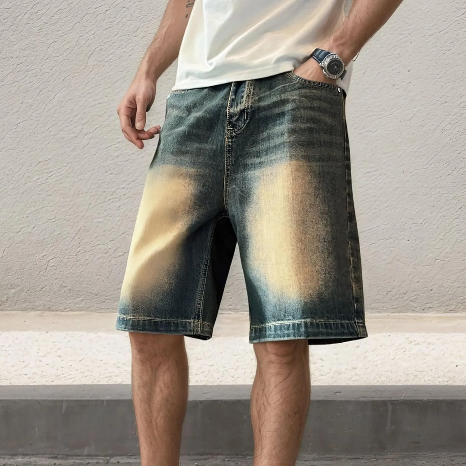 Men's Wide Leg Y2K Hip Hop Mid Jean Shorts Baggy Denim Shorts with Pockets Aesthetic Pants Streetwear Clothes