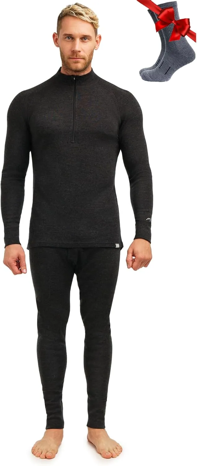 Merino.tech Merino Wool Base Layer Mens Set - Heavyweight, Midweight, Lite Merino Wool Thermal Underwear For Men Top, Bottom
