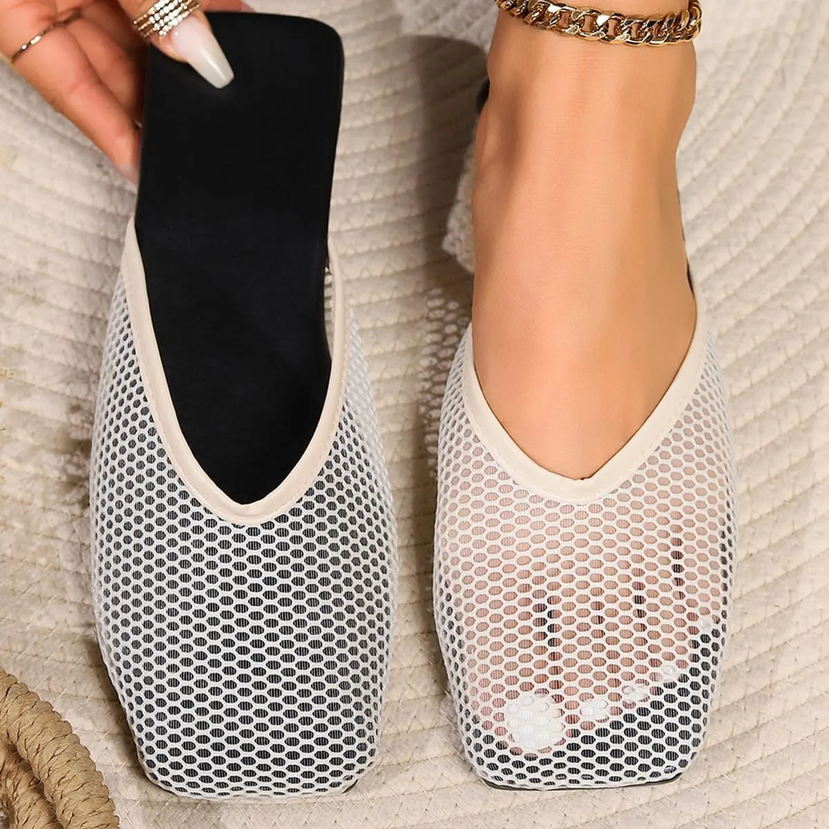 Mesh Flat Slippers for Women, Mesh Slipper for Women, Dressy Slip on for Womens Toe Casual Slingback Flat Mules Women's Fashion Buckle Strap Slide Fishnet Flats Summer Slippers