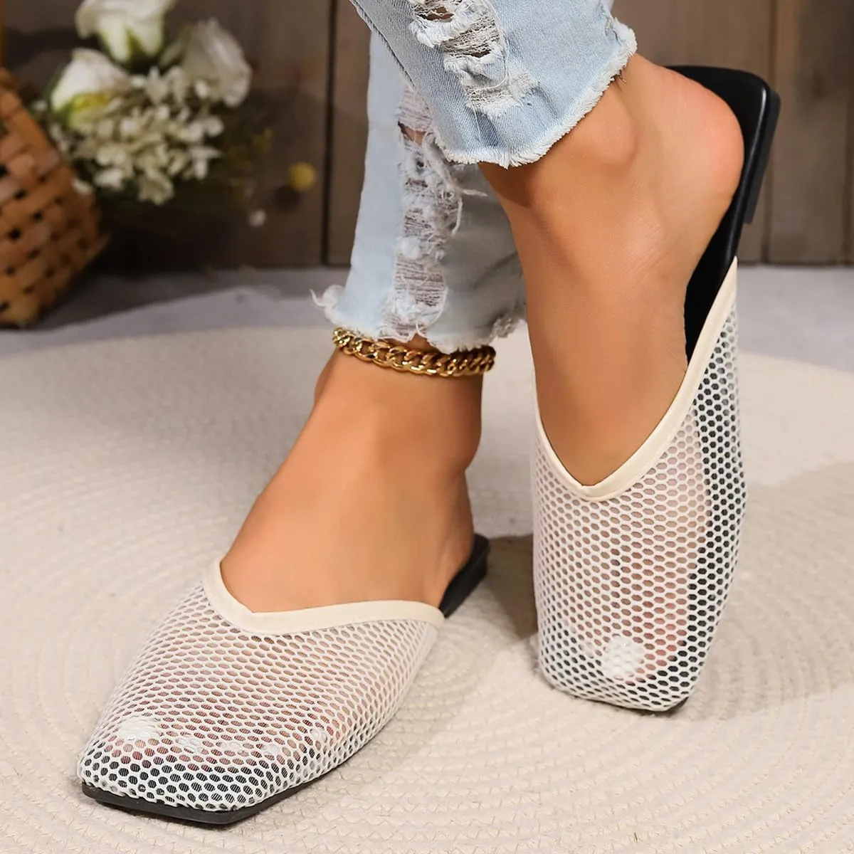 Mesh Flat Slippers for Women, Mesh Slipper for Women, Dressy Slip on for Womens Toe Casual Slingback Flat Mules Women's Fashion Buckle Strap Slide Fishnet Flats Summer Slippers