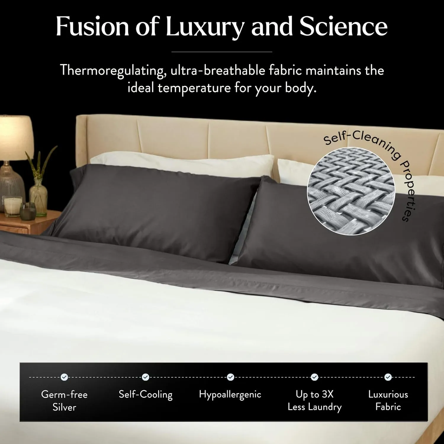 Miracle Made Luxe Cooling Bed Sheets - Charcoal - 4 Piece Silver Infused - 300-Thread-Count - Clean & Cool Full Size Bed Sheets for Sensitive Skin - Ultra-Breathable Bedding