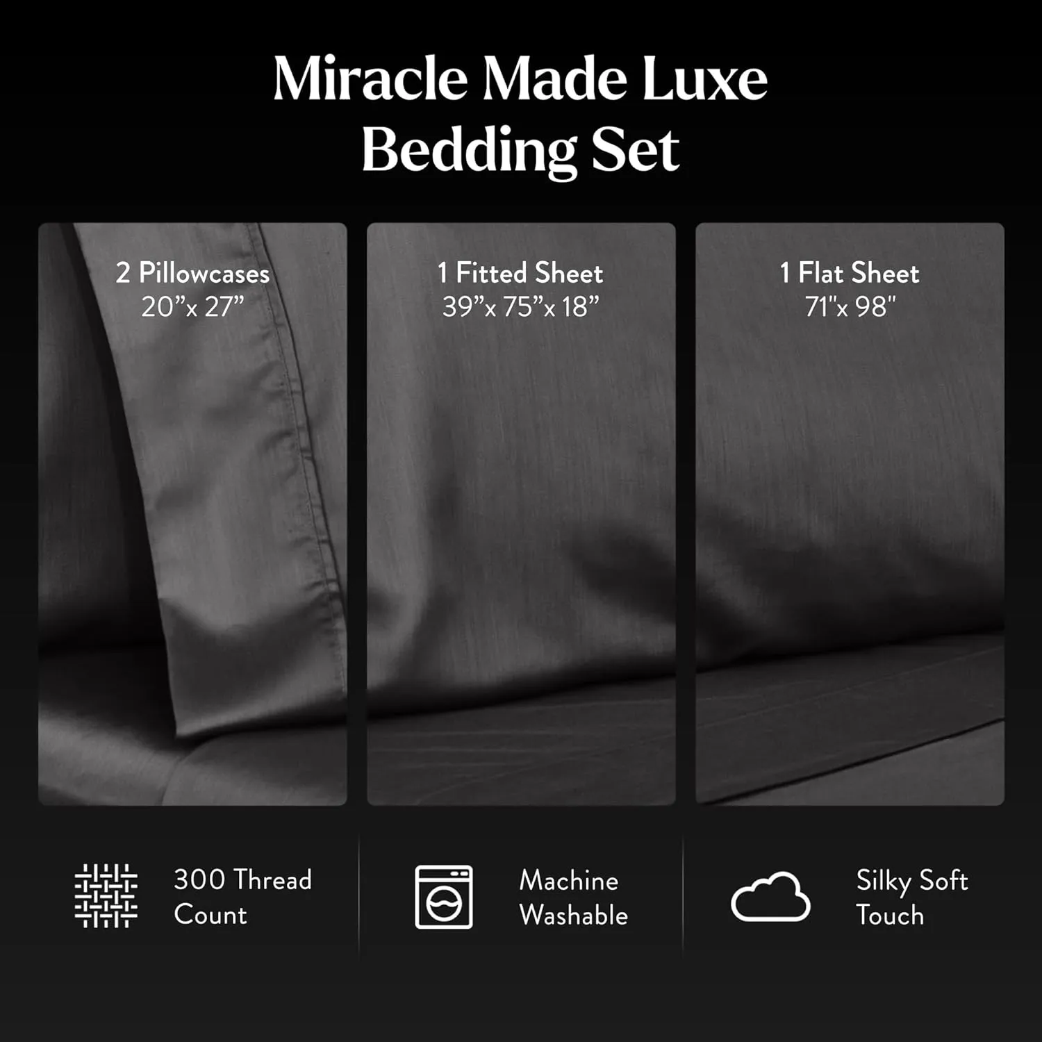 Miracle Made Luxe Cooling Bed Sheets - Charcoal - 4 Piece Silver Infused - 300-Thread-Count - Clean & Cool Full Size Bed Sheets for Sensitive Skin - Ultra-Breathable Bedding