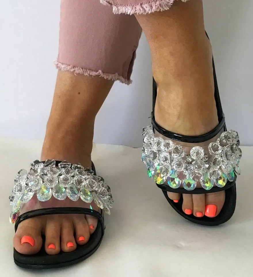 Moira-63 Christmas sale Sandals Embellished Open Black Expedited delivery Toe Slides Cape Crystal Robbin Mules