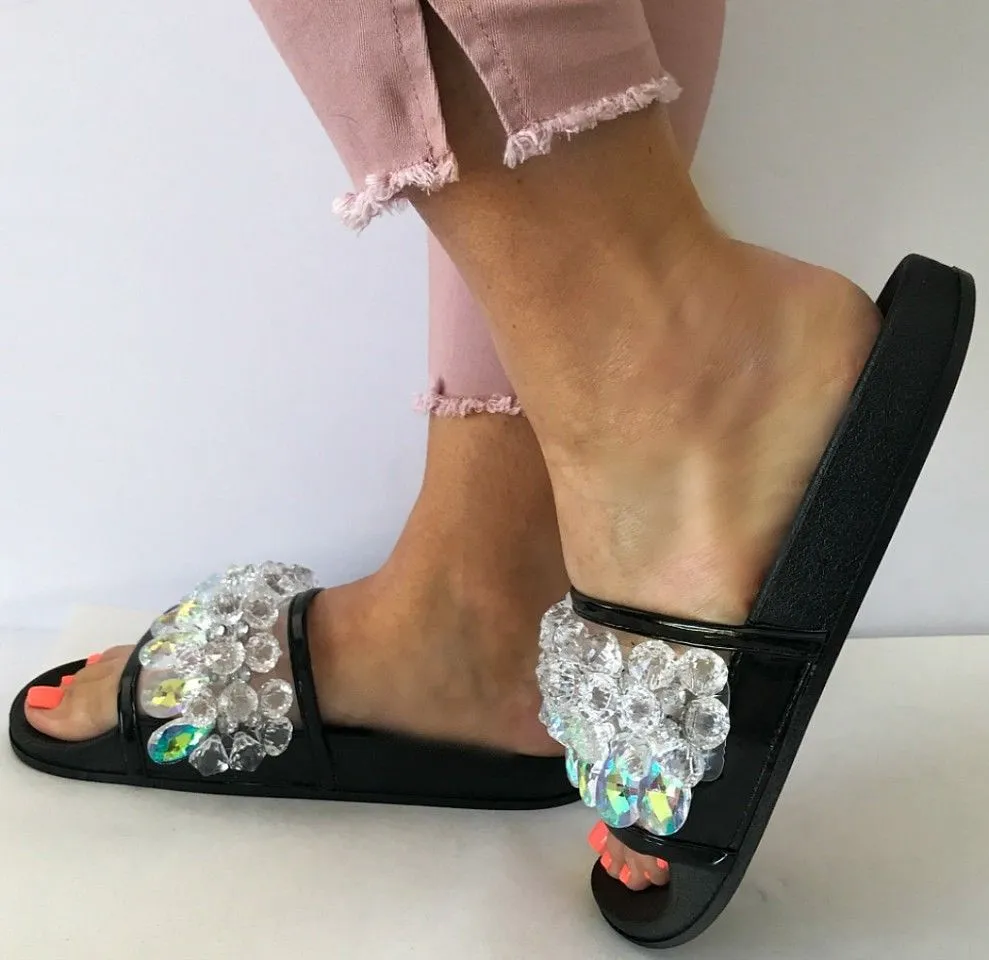 Moira-63 Christmas sale Sandals Embellished Open Black Expedited delivery Toe Slides Cape Crystal Robbin Mules