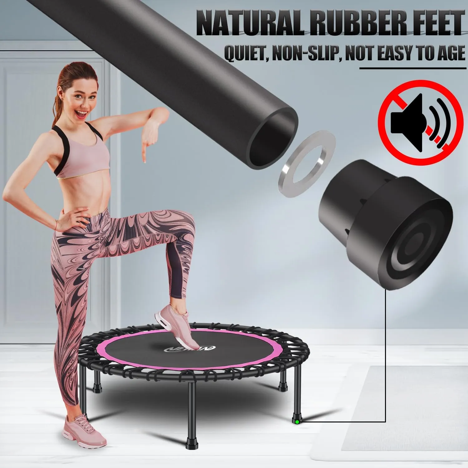 Newan 40"-48" Silent Mini Trampoline Fitness Trampoline Bungee Rebounder Jumping Cardio Trainer Workout for Adults-Max Limit 330lbs