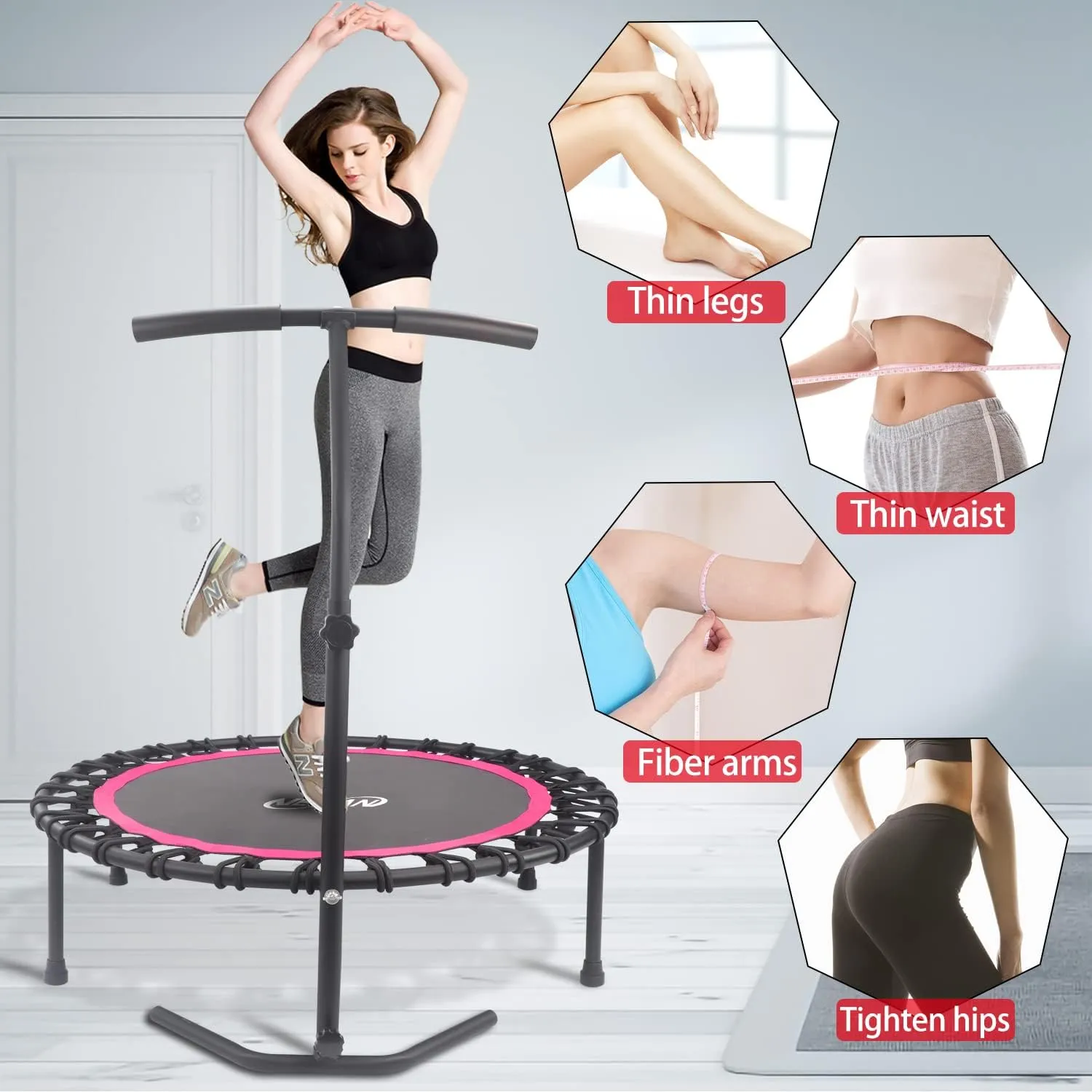 Newan 40"-48" Silent Mini Trampoline Fitness Trampoline Bungee Rebounder Jumping Cardio Trainer Workout for Adults-Max Limit 330lbs