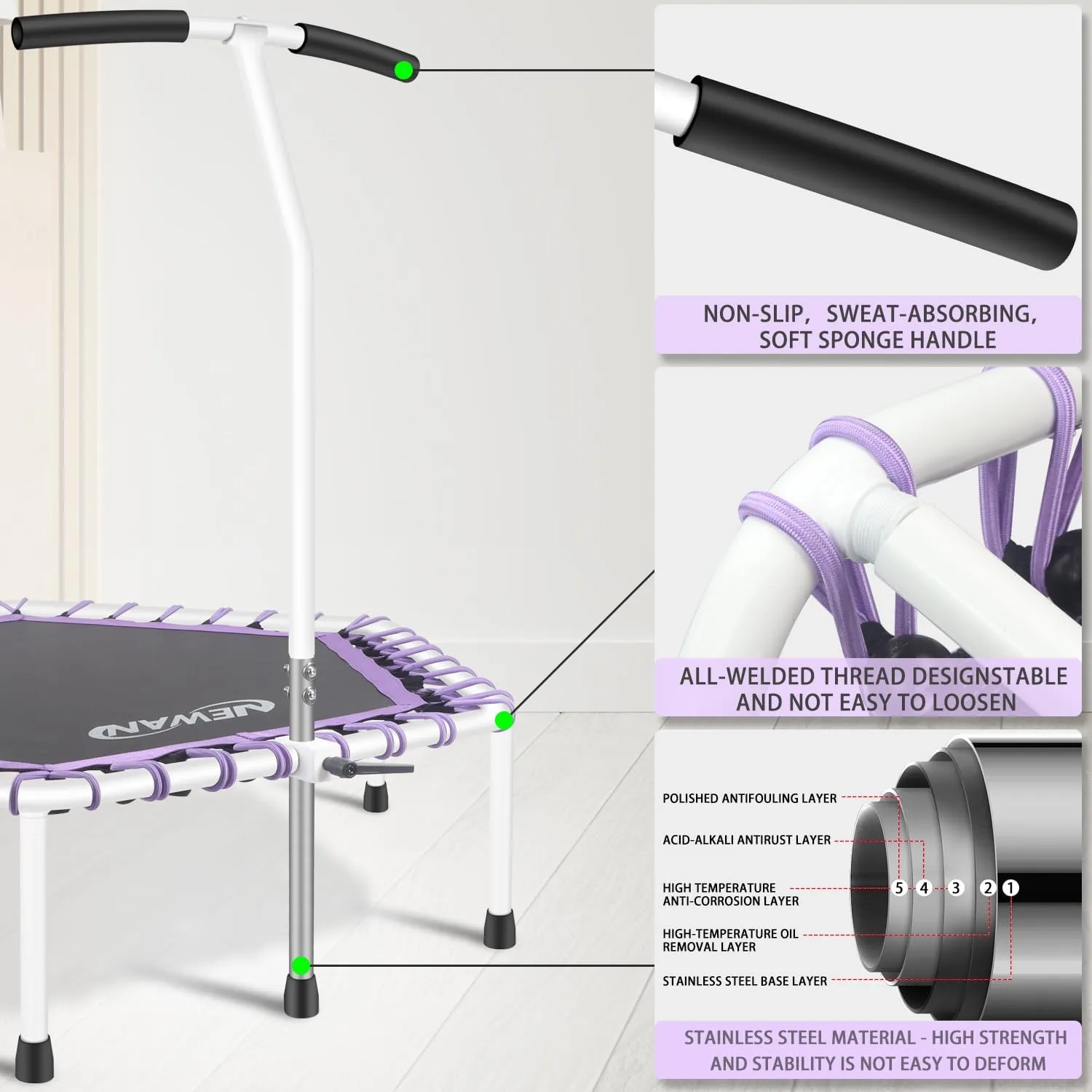 Newan 48'' Fitness Trampoline with Adjustable Handle Bar, Silent Trampoline Bungee Rebounder Jumping Cardio Trainer Workout for Adults - Max Limit 330 lbs