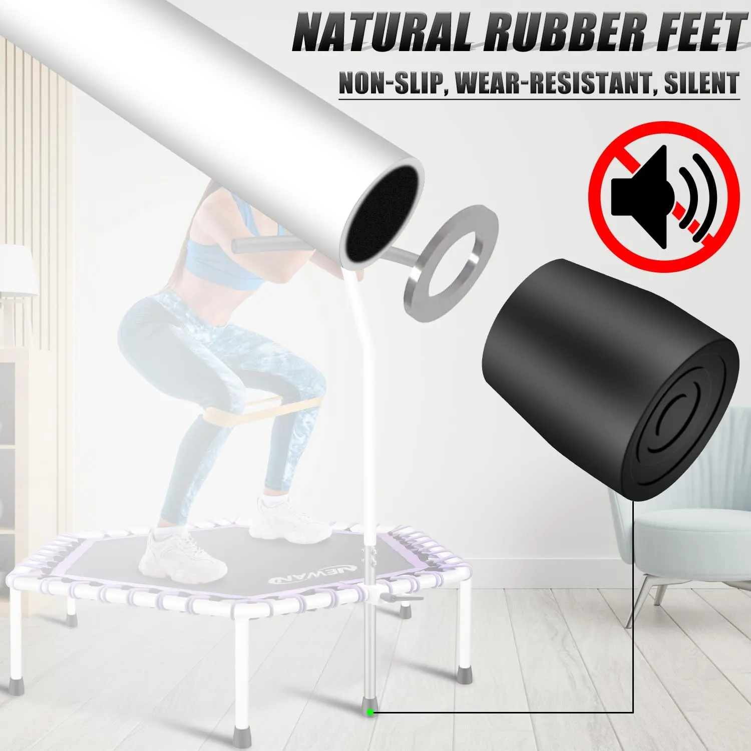 Newan 48'' Fitness Trampoline with Adjustable Handle Bar, Silent Trampoline Bungee Rebounder Jumping Cardio Trainer Workout for Adults - Max Limit 330 lbs