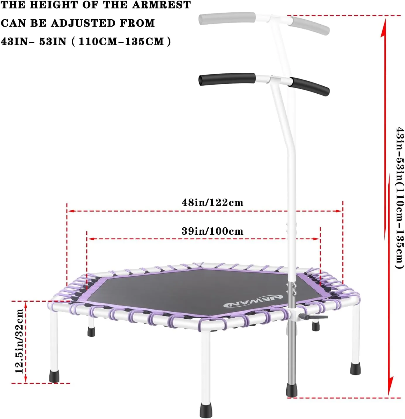 Newan 48'' Fitness Trampoline with Adjustable Handle Bar, Silent Trampoline Bungee Rebounder Jumping Cardio Trainer Workout for Adults - Max Limit 330 lbs