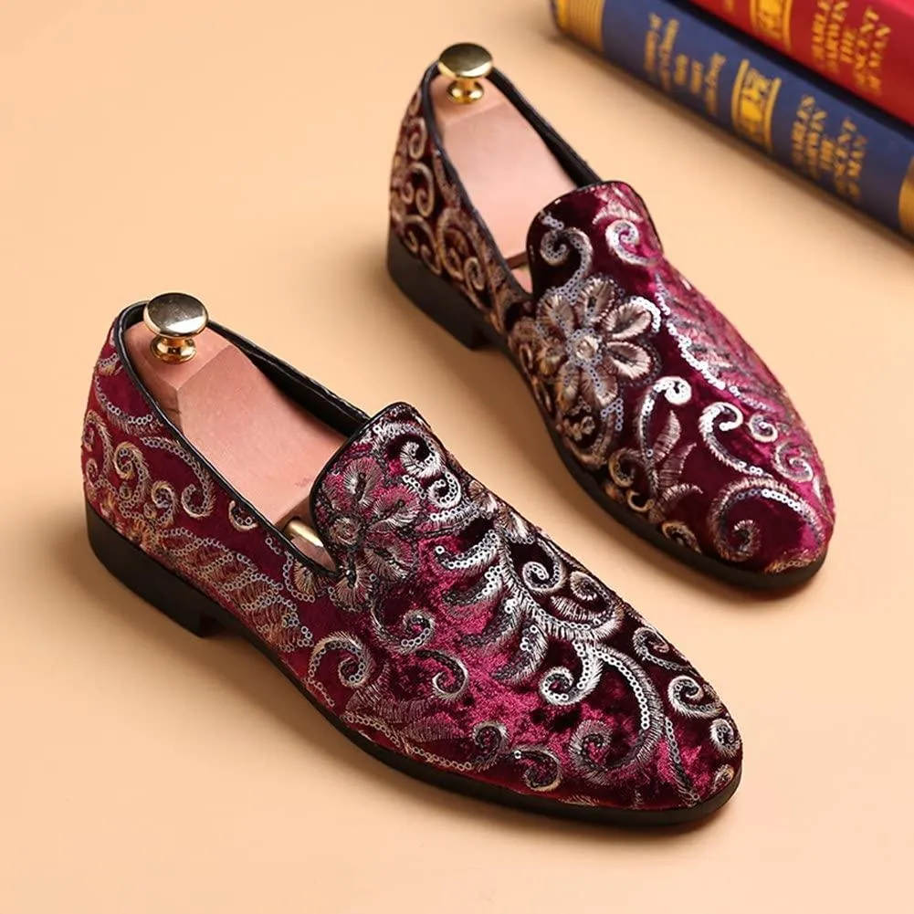 NXY Men's Loafers Velvet Sequins Embroidered Smoking Slippers