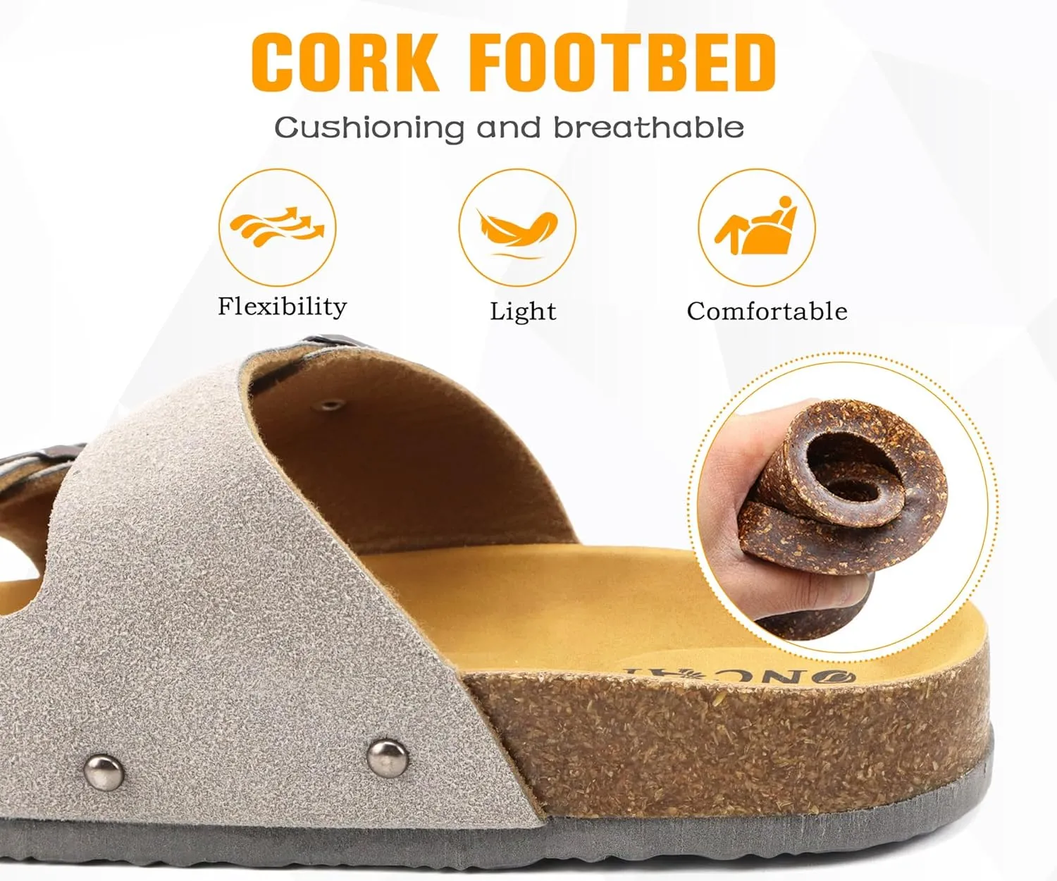 ONCAI Womens Flat Slide Sandals with Arch Support 2 Strap Adjustable Buckle Slip on Slides Shoes Non Slip Rubber Sole