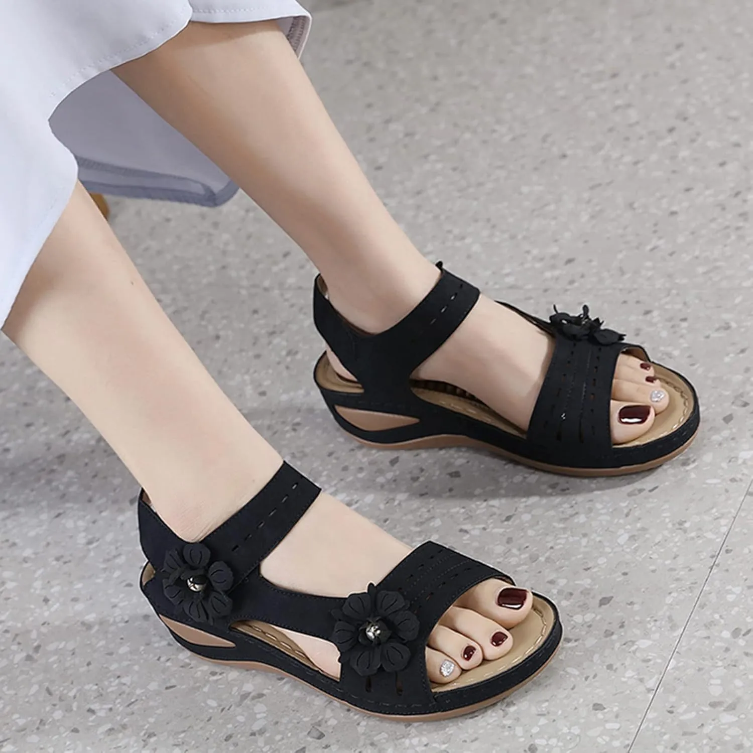 Ortho Walking Sandals for Elderly Women Shoes for Women Extra Wide Orthopedic Arch Support Shoes for Women Dressy Sandals Women Wide Feet Strappy Black Heels Everyday Sandals for Women