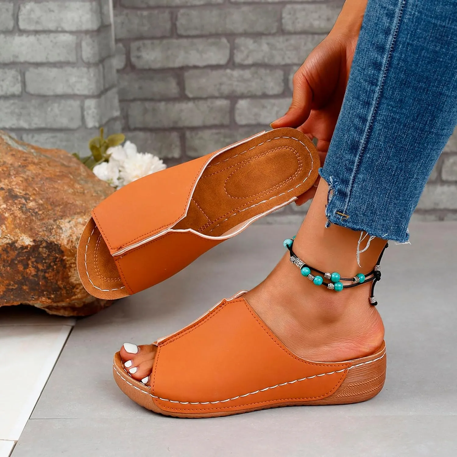 Orthopedic Sandals for Women Wide Width,Damping Sole Stretch Lightweight Arch Support Flat Slip on Platform Wedge Slides Diabetic Walking Summer Shoes