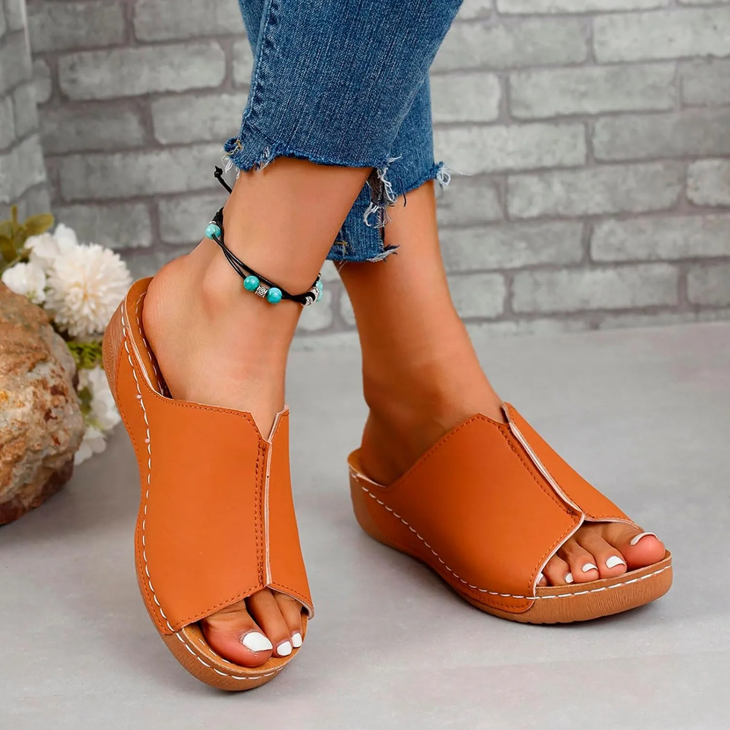 Orthopedic Sandals for Women Wide Width,Damping Sole Stretch Lightweight Arch Support Flat Slip on Platform Wedge Slides Diabetic Walking Summer Shoes