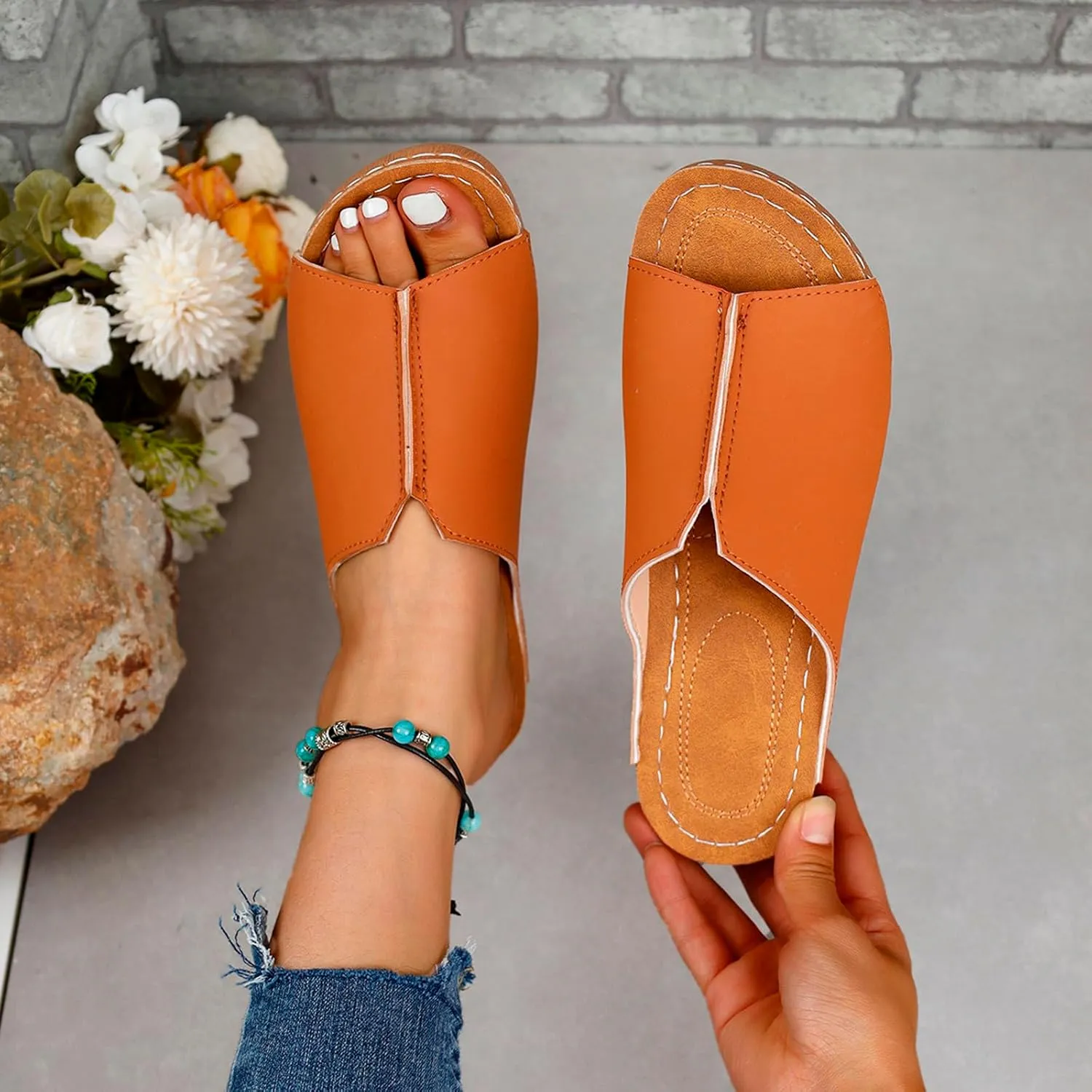 Orthopedic Sandals for Women Wide Width,Damping Sole Stretch Lightweight Arch Support Flat Slip on Platform Wedge Slides Diabetic Walking Summer Shoes