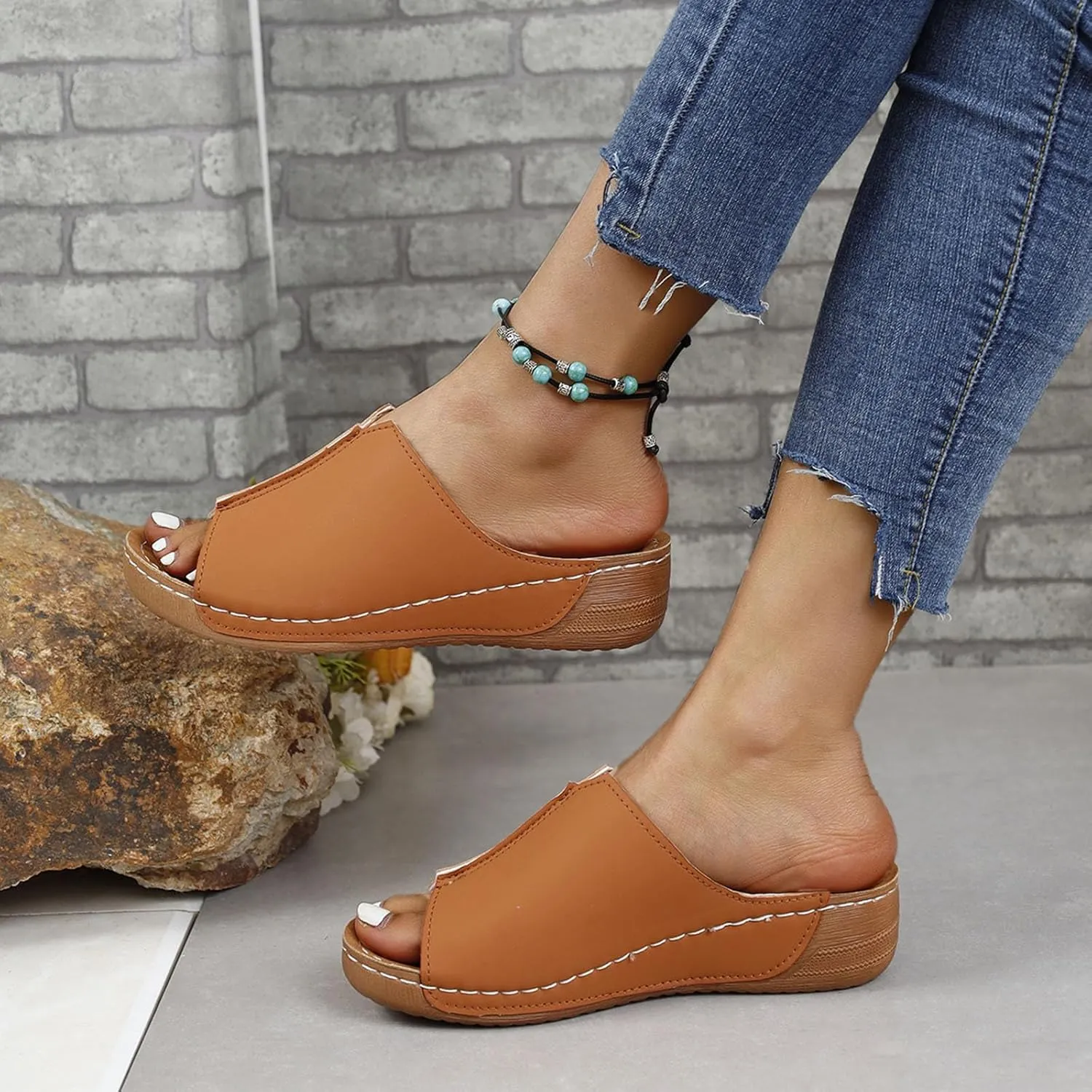 Orthopedic Sandals for Women Wide Width,Damping Sole Stretch Lightweight Arch Support Flat Slip on Platform Wedge Slides Diabetic Walking Summer Shoes