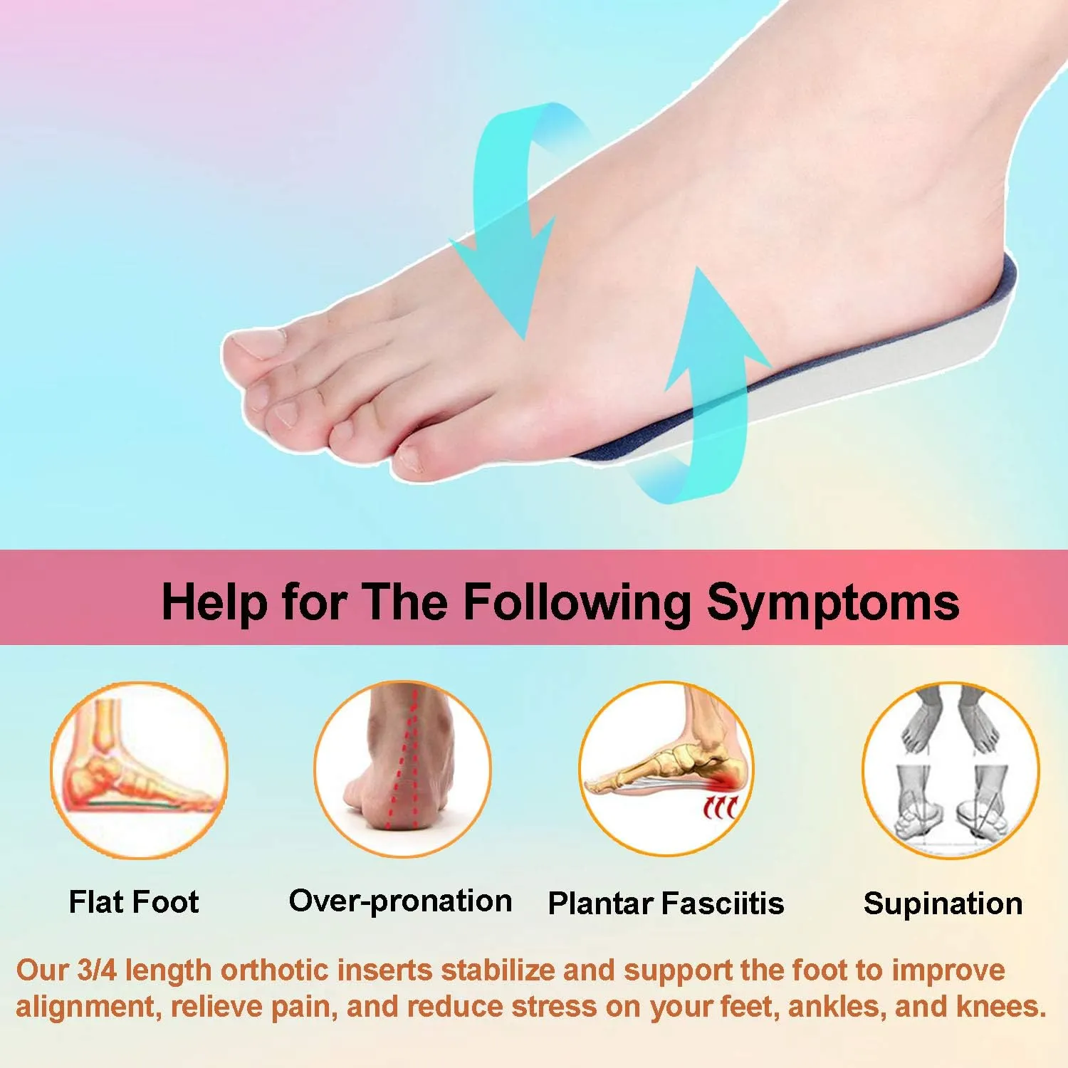 Orthotic Inserts 3/4 Length, Plantar Fasciitis Inserts for Flat Feet, Plantar Fasciitis, Bone Spur, Arch Support Insoles for Men and Women for Walking, Running, Sport