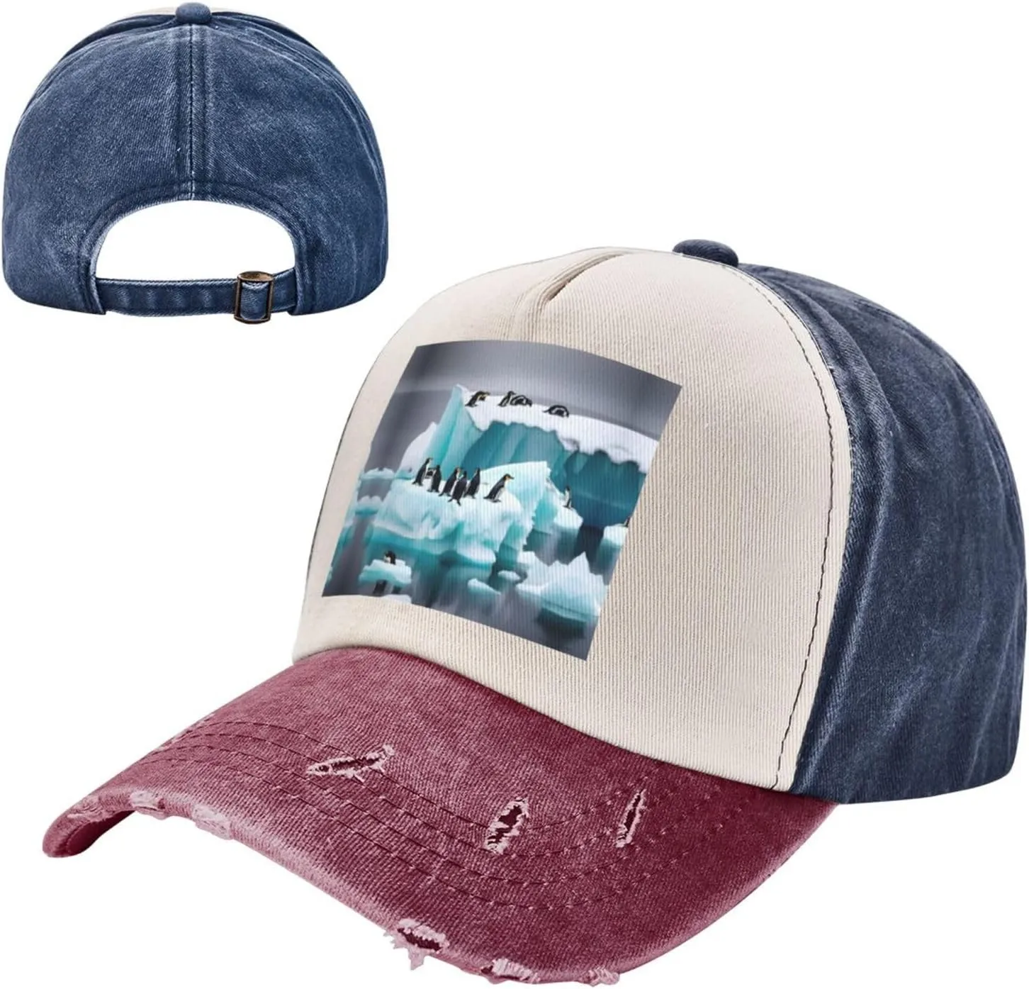 Penguins On The Iceberg Print Golf Flat Snapback Hat,Hip Hop Style Flat Bill,Personalized Adjustable Summer Sun Hat Unisex