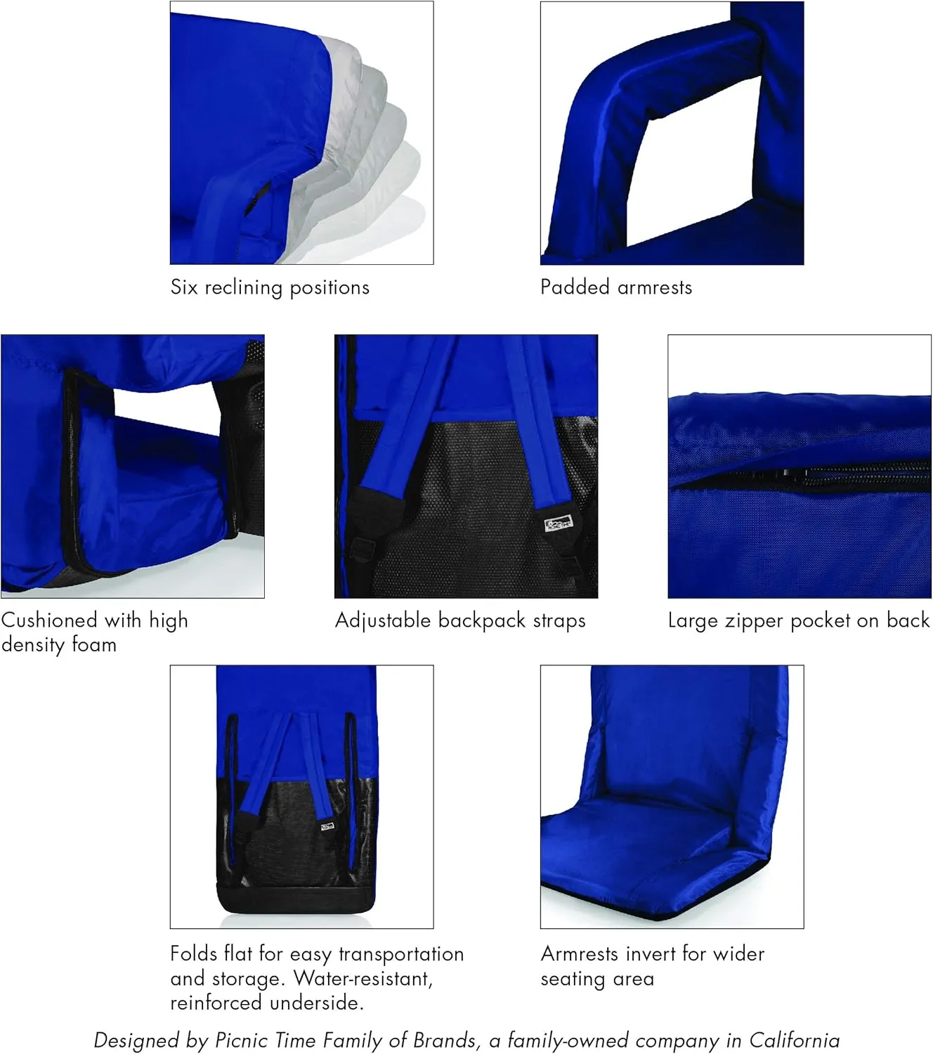 PICNIC TIME Star Wars R2-D2 Ventura Reclining Stadium Seat with Back Support, Bleacher Seat, Beach Floor Chair, (Navy Blue)