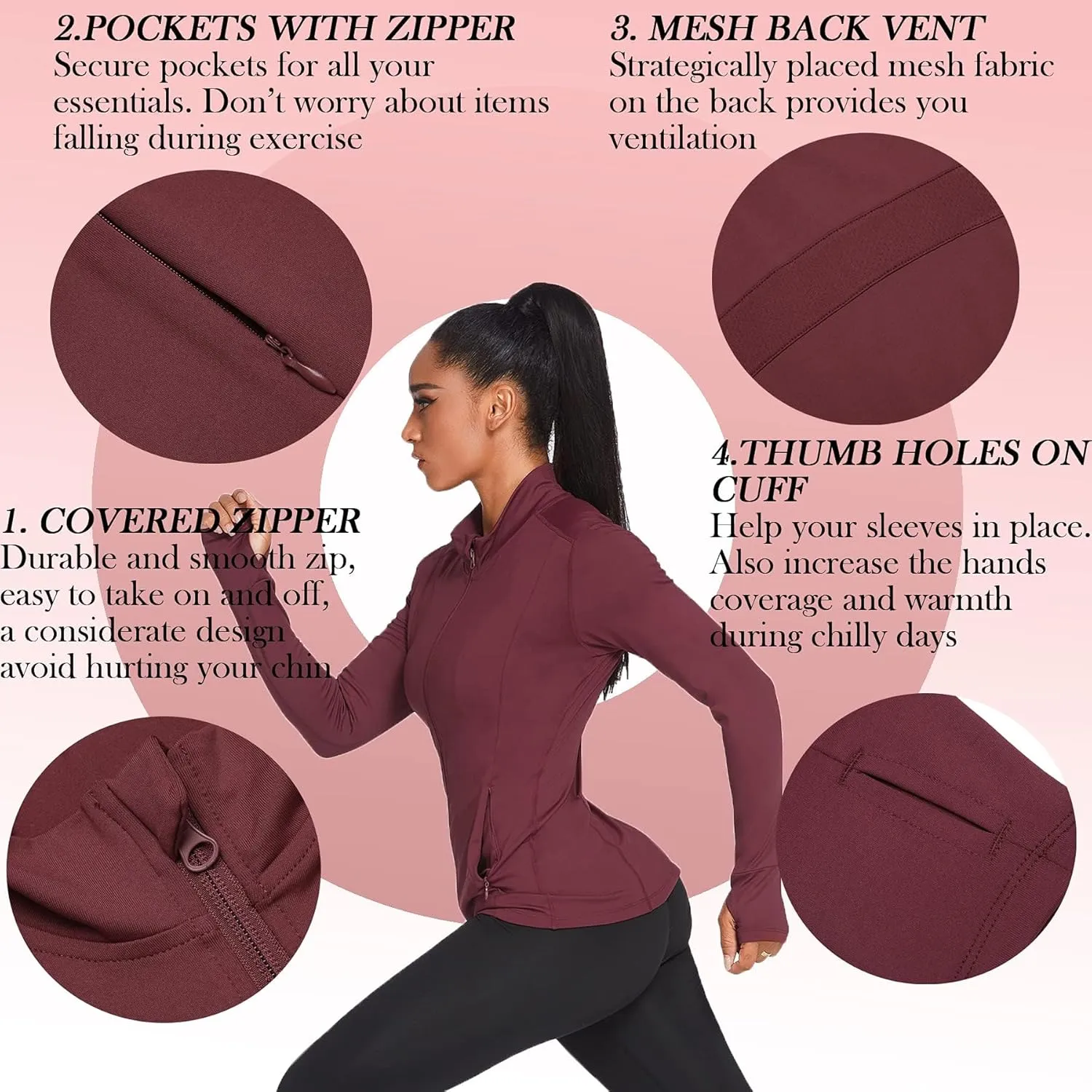 PINSPARK Women's Track Jacket Breathable Running Jacket Zip Up Sportswear Slim Fit Workout Tops