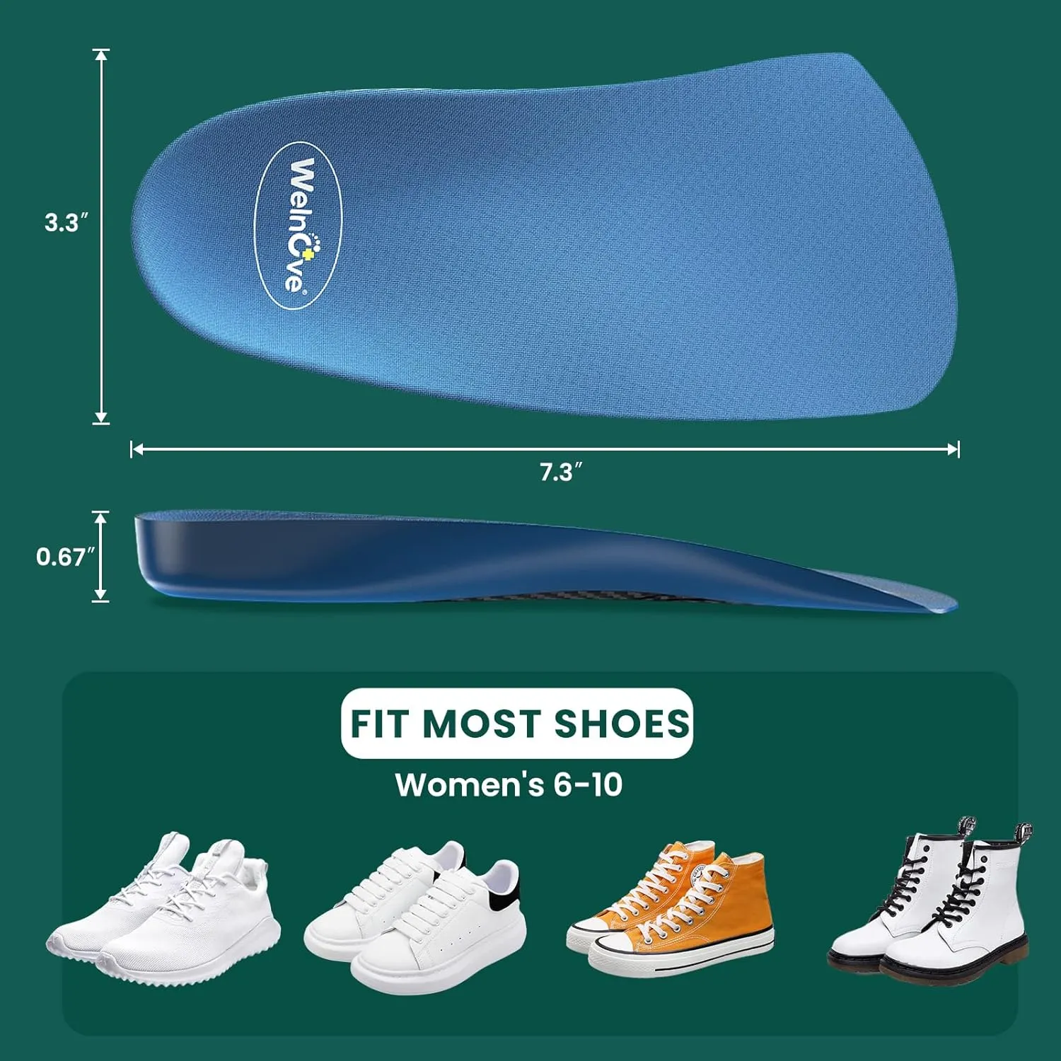 Plantar Fasciitis Heel Inserts Insoles - Welnove Arch Support Anti-Slip Cushions for Foot Heel Pain Relief, Heel Cups Orthotic for Flat Feet, Heel Spur and Achilles Tendinitis, Women’s 6-10
