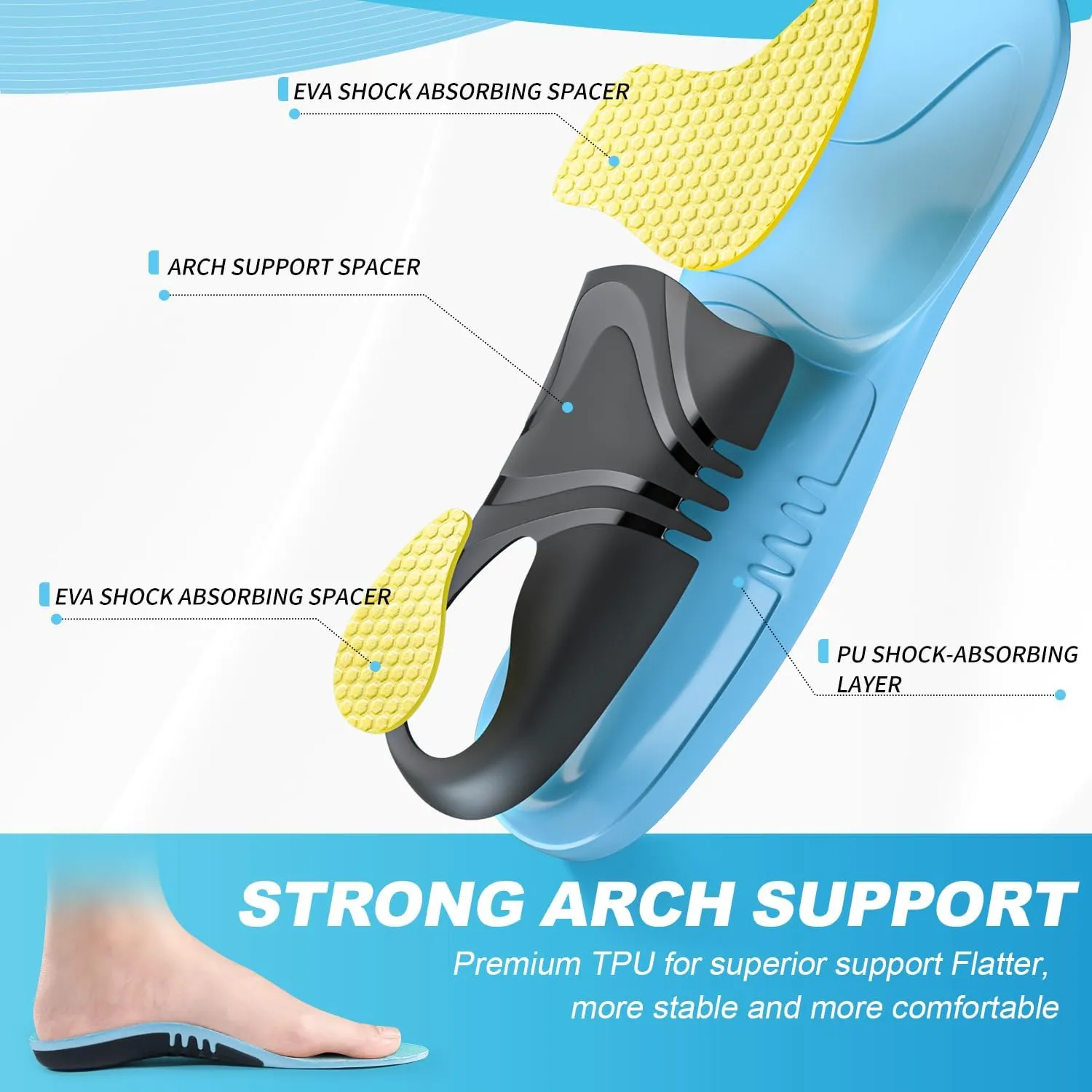 Plantar Fasciitis Insoles 200 lbs Heavy Duty Support Pain Relief High Arch Flat Foot Orthotic Work Shoes Boots Cushioning Insoles