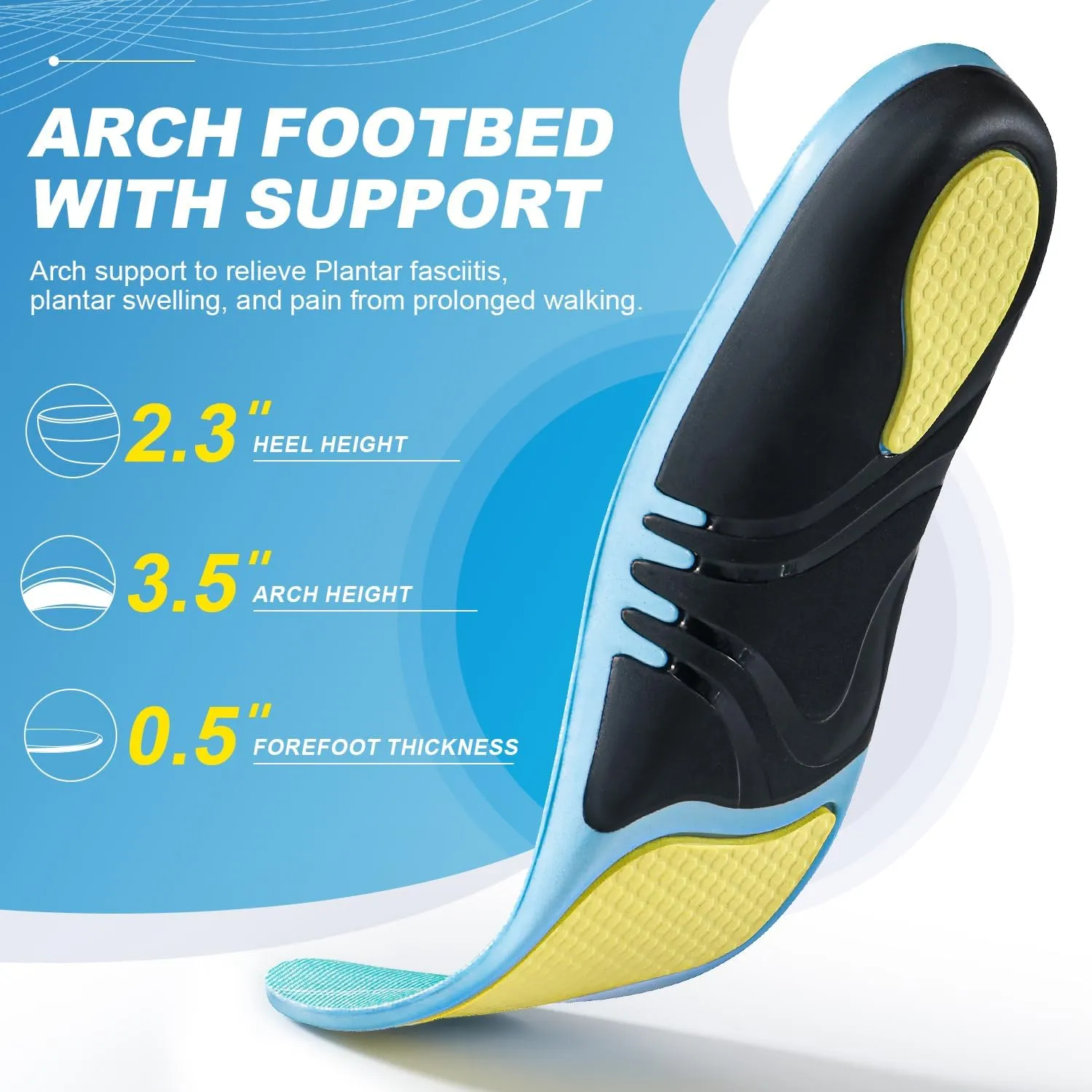 Plantar Fasciitis Insoles 200 lbs Heavy Duty Support Pain Relief High Arch Flat Foot Orthotic Work Shoes Boots Cushioning Insoles