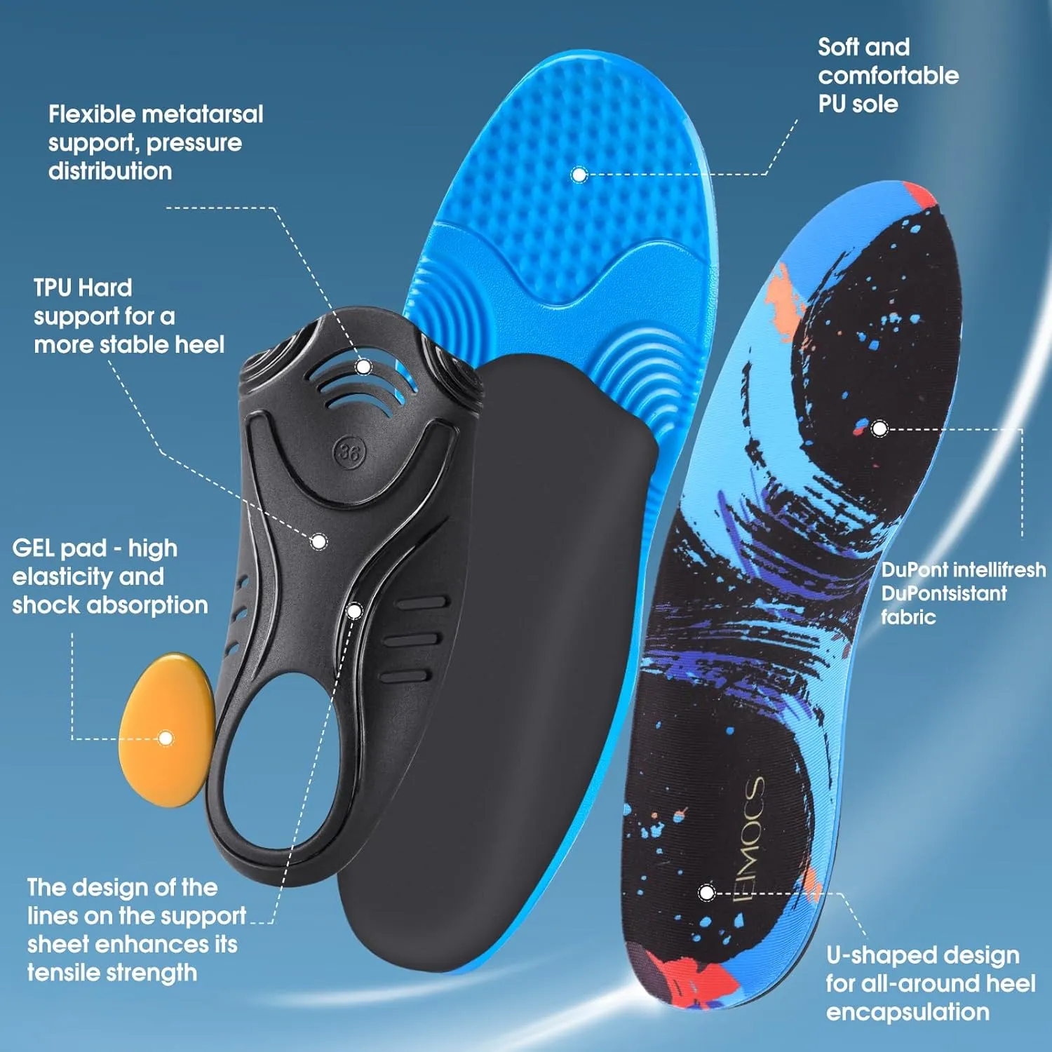 Plantar Fasciitis Pain Relief Insoles for Men and Women, Full-Length Sports Inserts with Good Arch Support, Ideal for Running, Walking, All-Day Standing, No Trimming