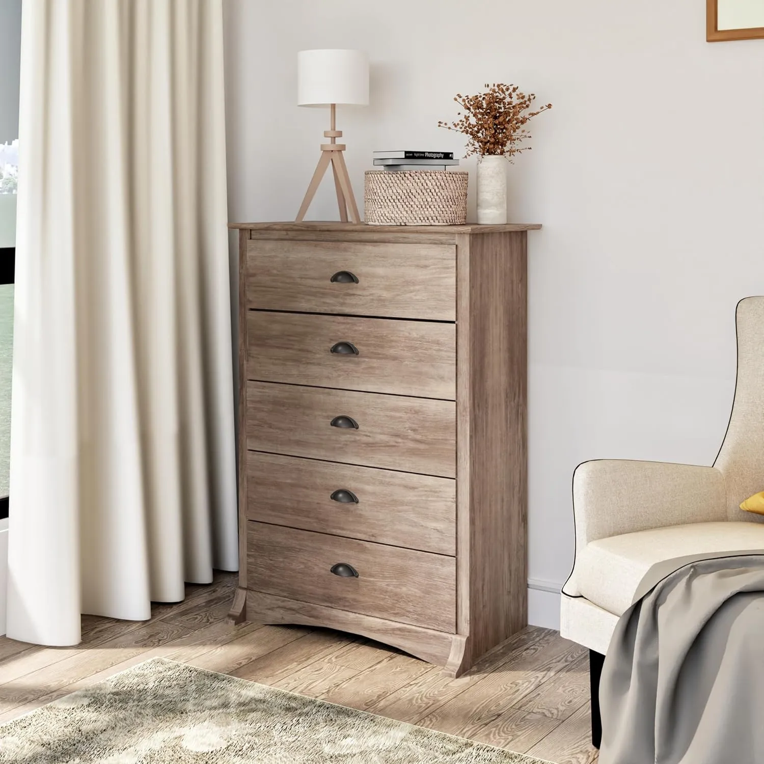 Prepac Salt Spring Rustic 5-Drawer Tall Dresser for Bedroom, Farmhouse Dresser Chest of Drawers 17.75" D x 31.5" W x 44.75" H, Drifted Gray