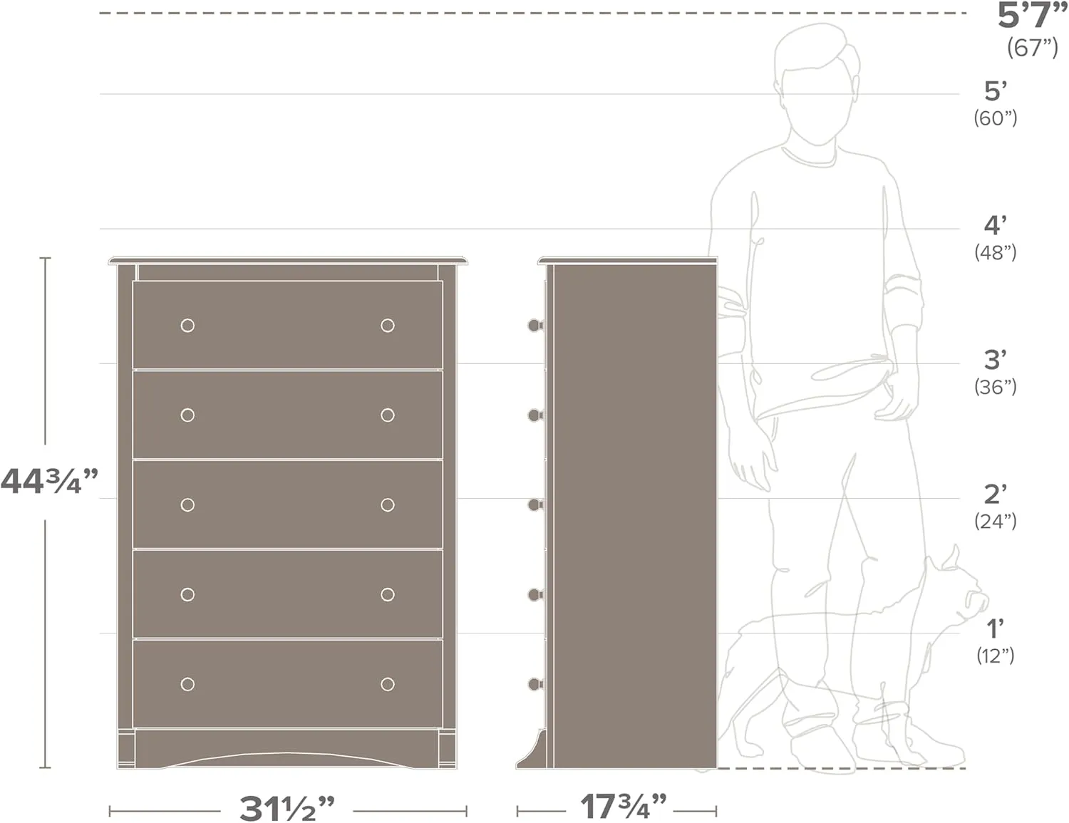 Prepac Salt Spring Rustic 5-Drawer Tall Dresser for Bedroom, Farmhouse Dresser Chest of Drawers 17.75" D x 31.5" W x 44.75" H, Drifted Gray