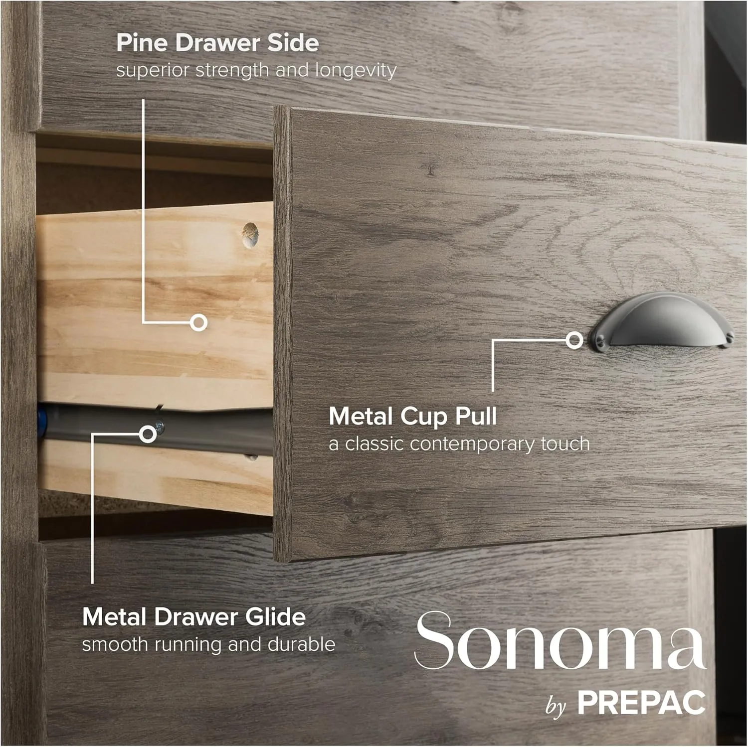 Prepac Salt Spring Rustic 5-Drawer Tall Dresser for Bedroom, Farmhouse Dresser Chest of Drawers 17.75" D x 31.5" W x 44.75" H, Drifted Gray