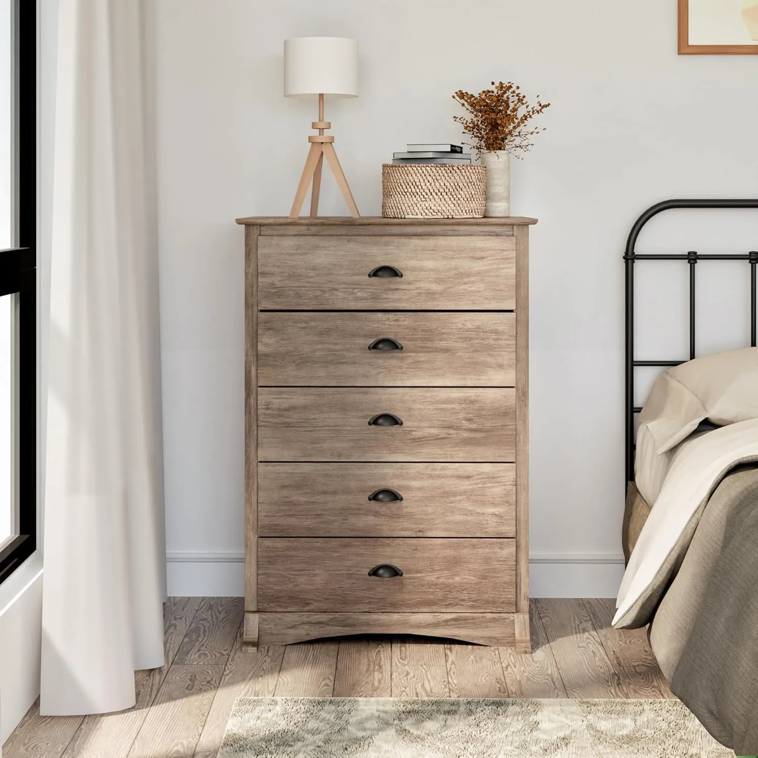 Prepac Salt Spring Rustic 5-Drawer Tall Dresser for Bedroom, Farmhouse Dresser Chest of Drawers 17.75" D x 31.5" W x 44.75" H, Drifted Gray