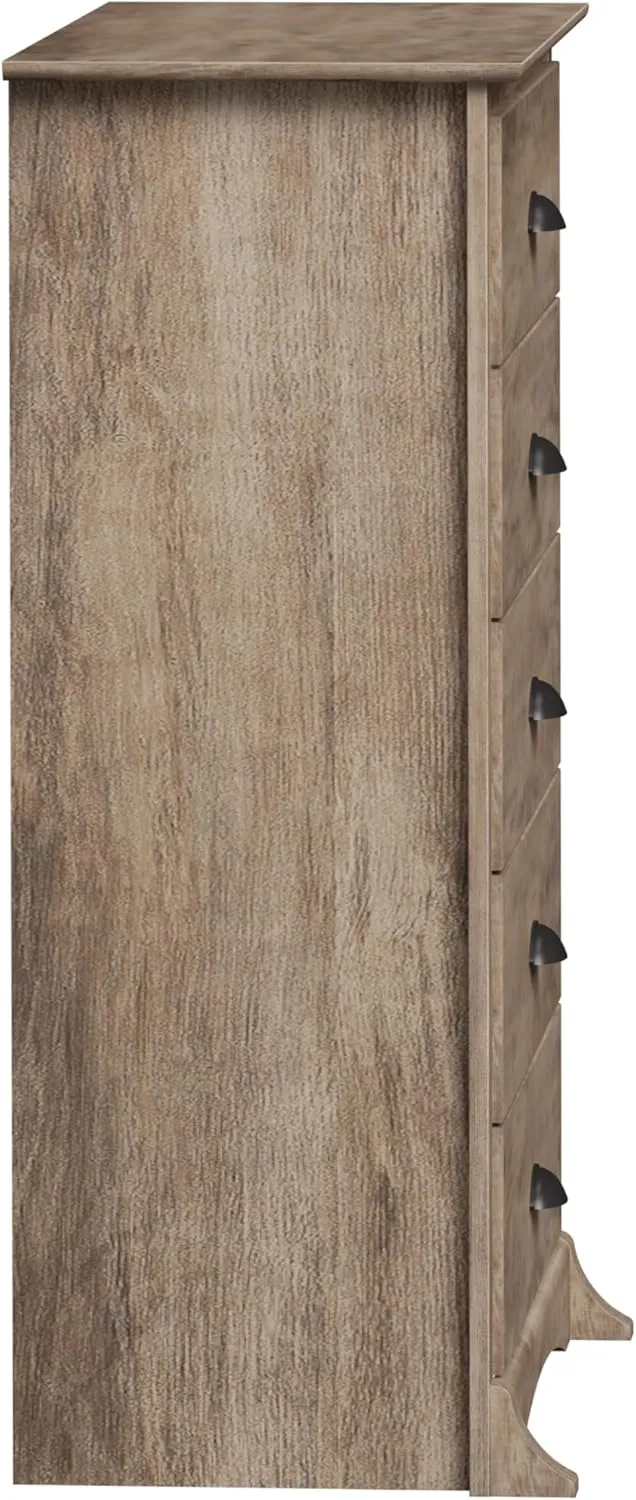 Prepac Salt Spring Rustic 5-Drawer Tall Dresser for Bedroom, Farmhouse Dresser Chest of Drawers 17.75" D x 31.5" W x 44.75" H, Drifted Gray
