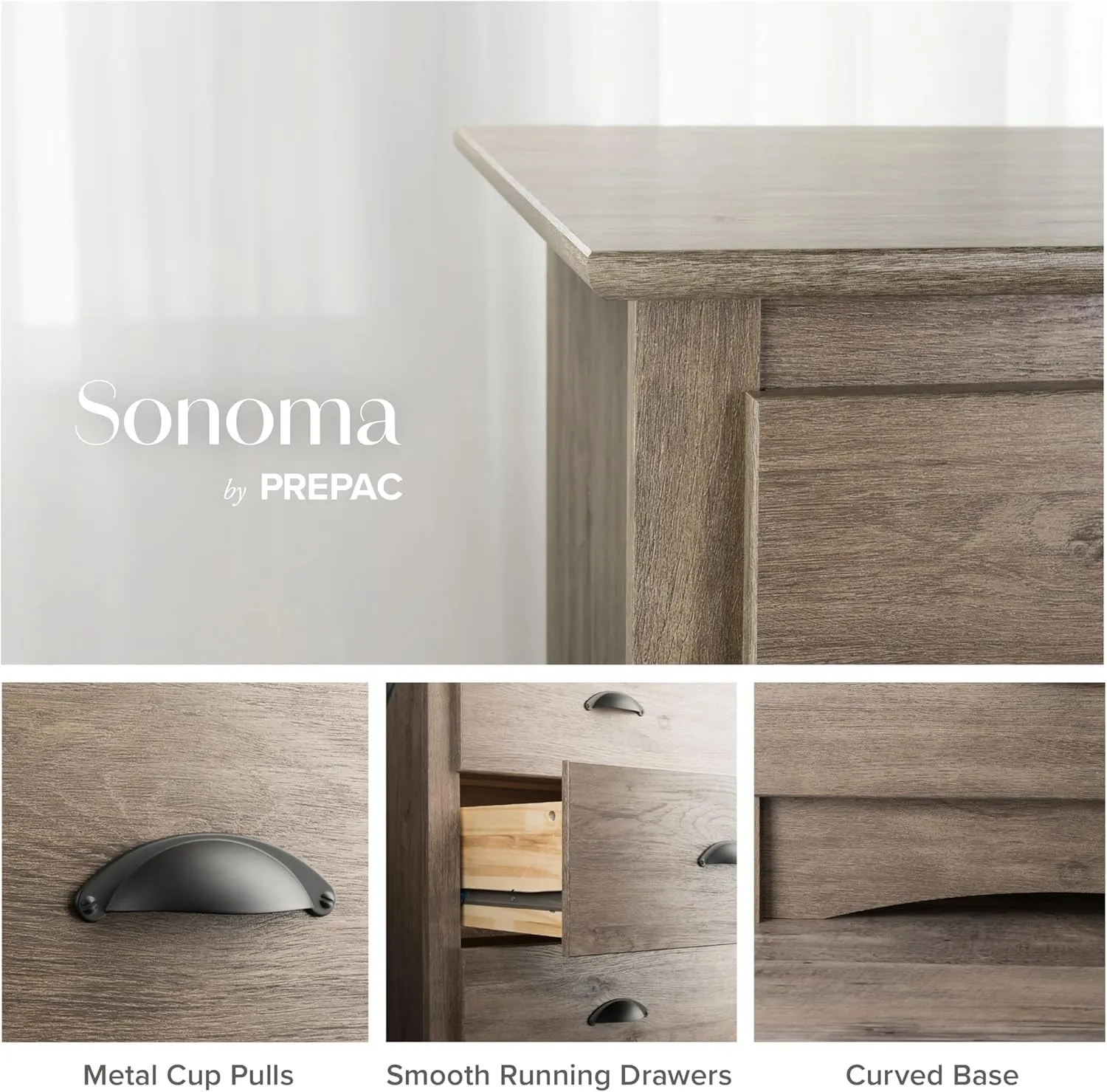 Prepac Salt Spring Rustic 5-Drawer Tall Dresser for Bedroom, Farmhouse Dresser Chest of Drawers 17.75" D x 31.5" W x 44.75" H, Drifted Gray