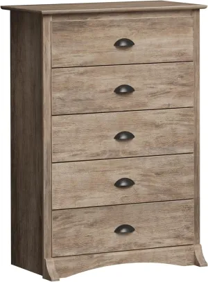Prepac Salt Spring Rustic 5-Drawer Tall Dresser for Bedroom, Farmhouse Dresser Chest of Drawers 17.75" D x 31.5" W x 44.75" H, Drifted Gray