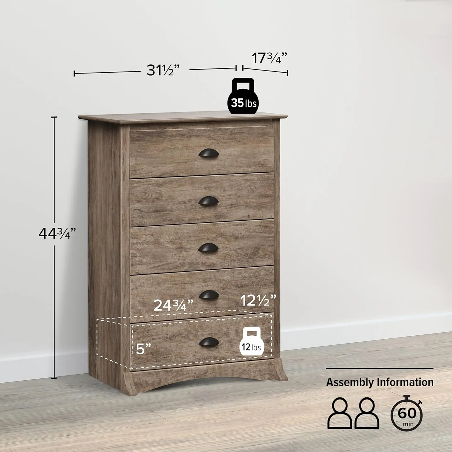 Prepac Salt Spring Rustic 5-Drawer Tall Dresser for Bedroom, Farmhouse Dresser Chest of Drawers 17.75" D x 31.5" W x 44.75" H, Drifted Gray