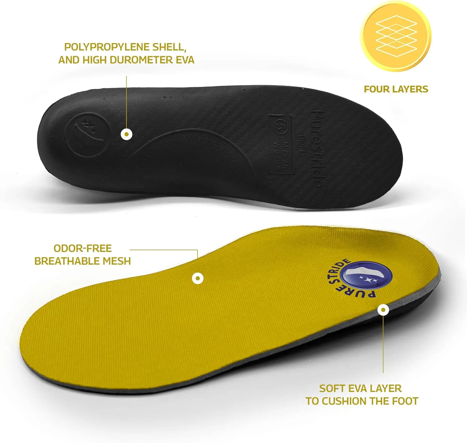 Pure Stride Bold Professional Full Length Orthotics -Shoe Support for Metatarsals, High Arch, Flat Feet - Pain Relief For Plantar Fasciitis, Arch, Heel - 1 Pair, Men's 3-3.5/Women’s 5-5.5, Bold Yellow