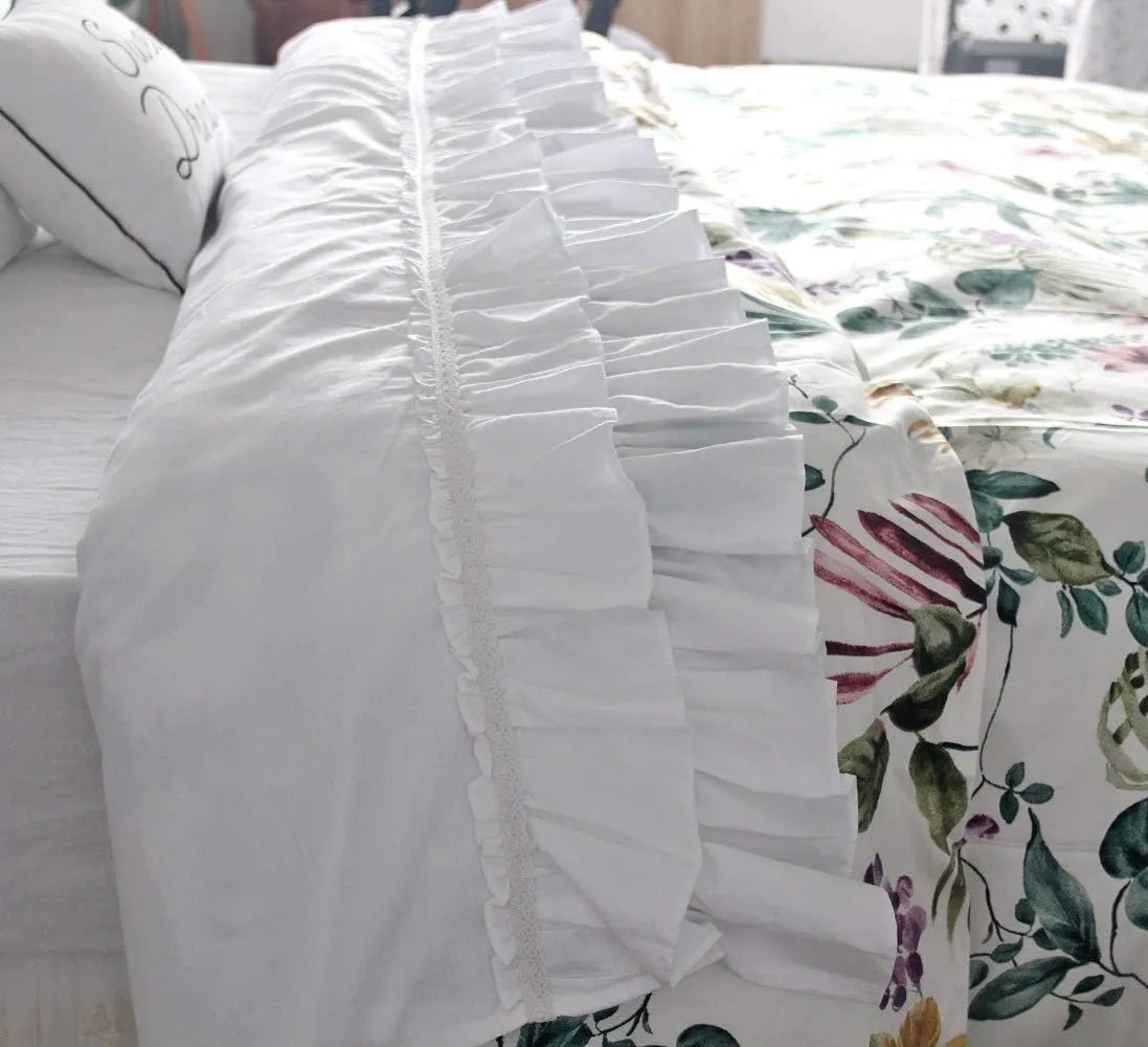 QSH Ruffle Sheets Set King Size French Country Lace Bedding 100% Washed Cotton Shabby Chic Bed Sheet Set 4pcs Deep Pockets Ruffled Bed Sheets