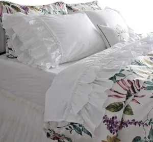 QSH Ruffle Sheets Set King Size French Country Lace Bedding 100% Washed Cotton Shabby Chic Bed Sheet Set 4pcs Deep Pockets Ruffled Bed Sheets