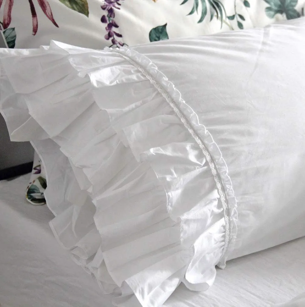 QSH Ruffle Sheets Set King Size French Country Lace Bedding 100% Washed Cotton Shabby Chic Bed Sheet Set 4pcs Deep Pockets Ruffled Bed Sheets