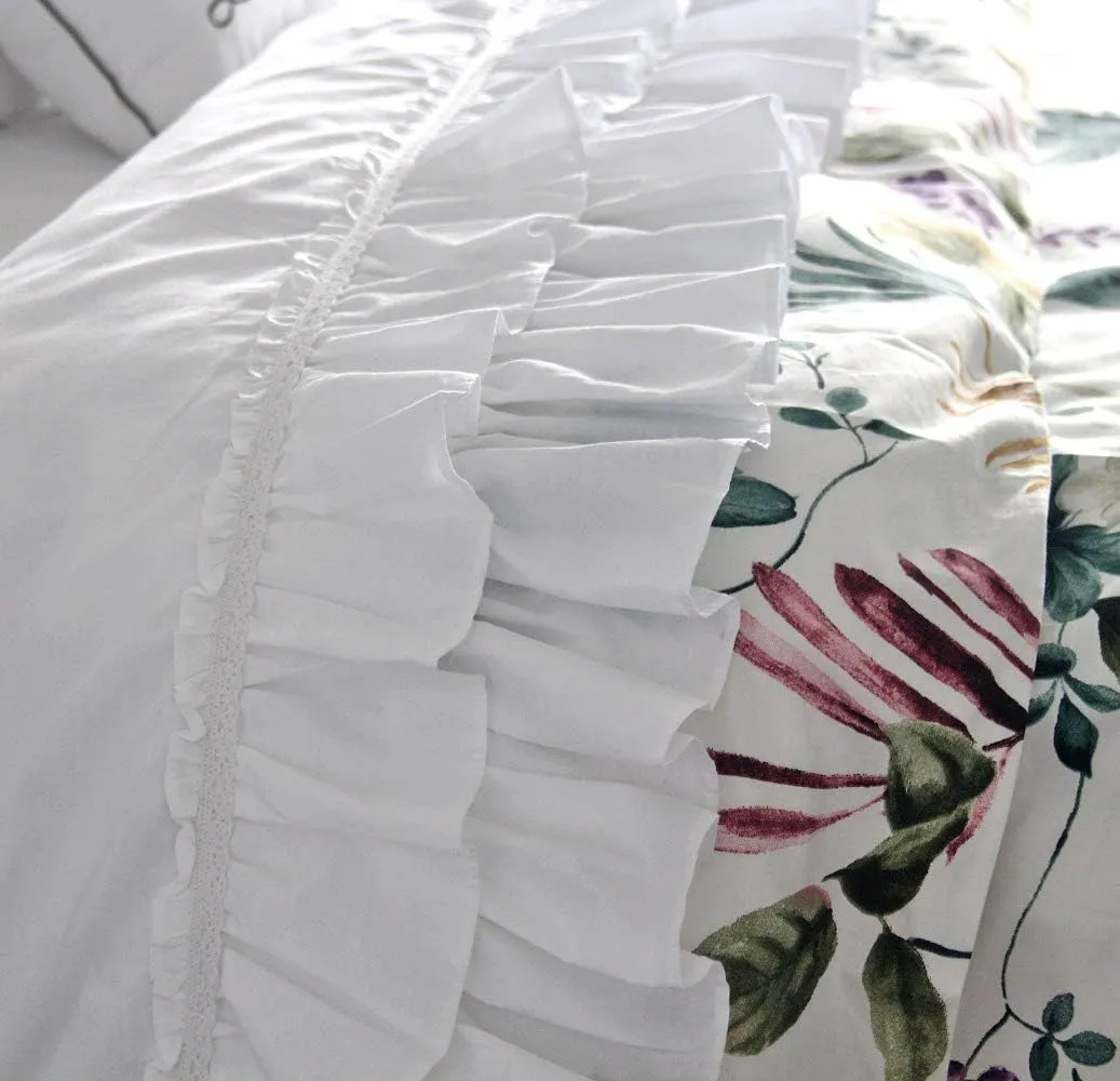 QSH Ruffle Sheets Set King Size French Country Lace Bedding 100% Washed Cotton Shabby Chic Bed Sheet Set 4pcs Deep Pockets Ruffled Bed Sheets