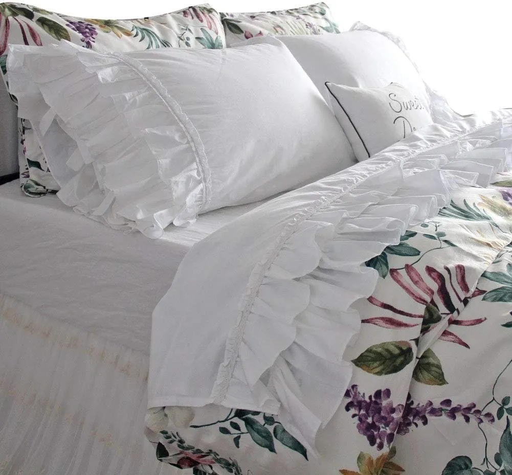 QSH Ruffle Sheets Set King Size French Country Lace Bedding 100% Washed Cotton Shabby Chic Bed Sheet Set 4pcs Deep Pockets Ruffled Bed Sheets