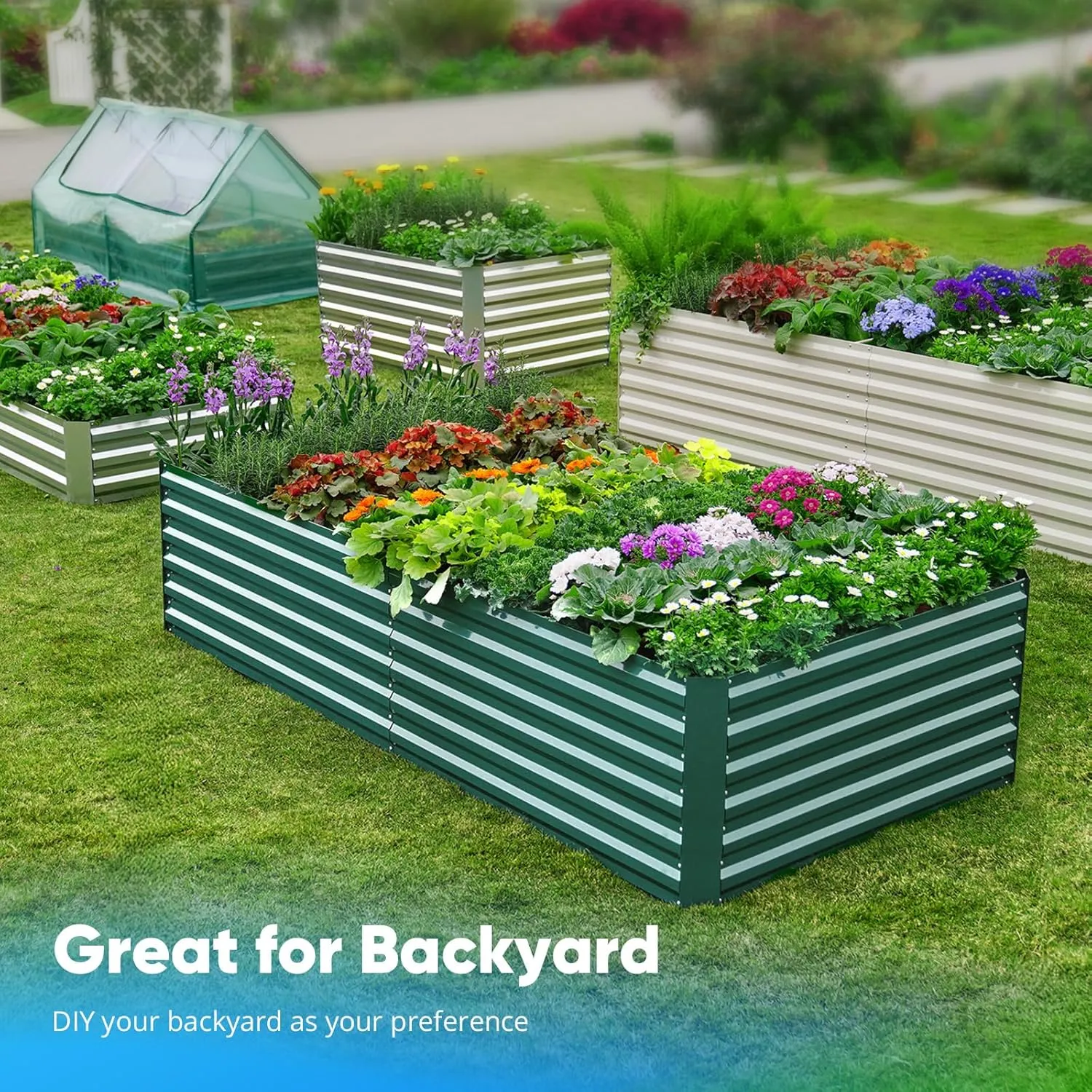 Quictent Galvanized Raised Garden Bed Metal Planter Box Bottomless for Backyard Outdoor, Include 1 pc Tomato Cage, Dark Green, 6x3x2 Ft
