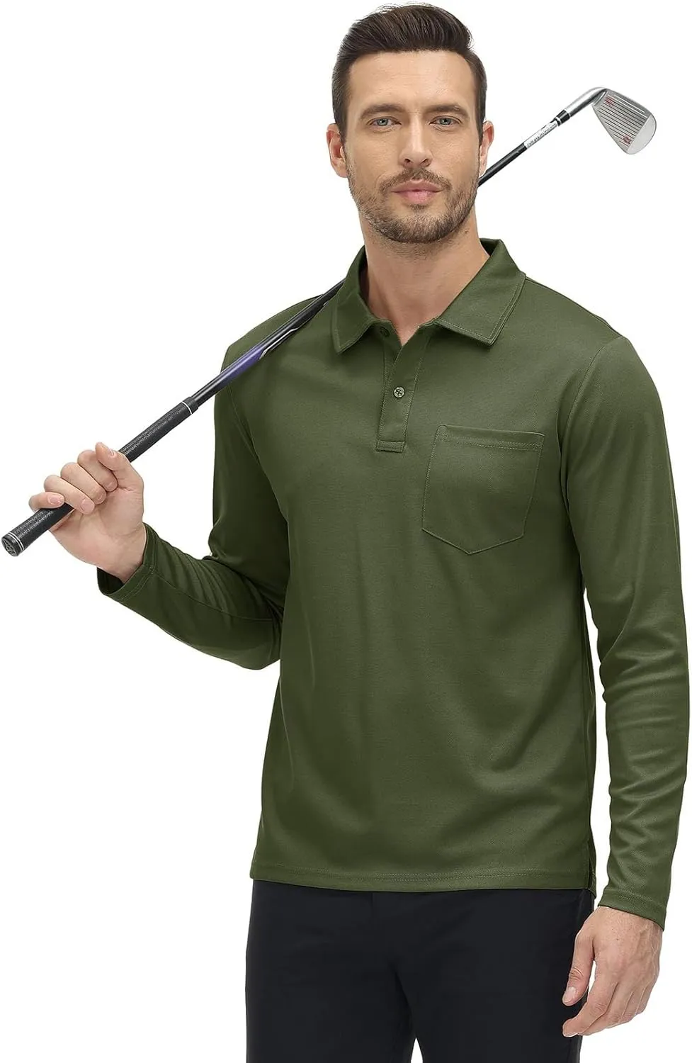 Rdruko Men's Polo with Pocket Long Sleeve Quick Dry Outdoor Golf Pullover Collared T-Shirt