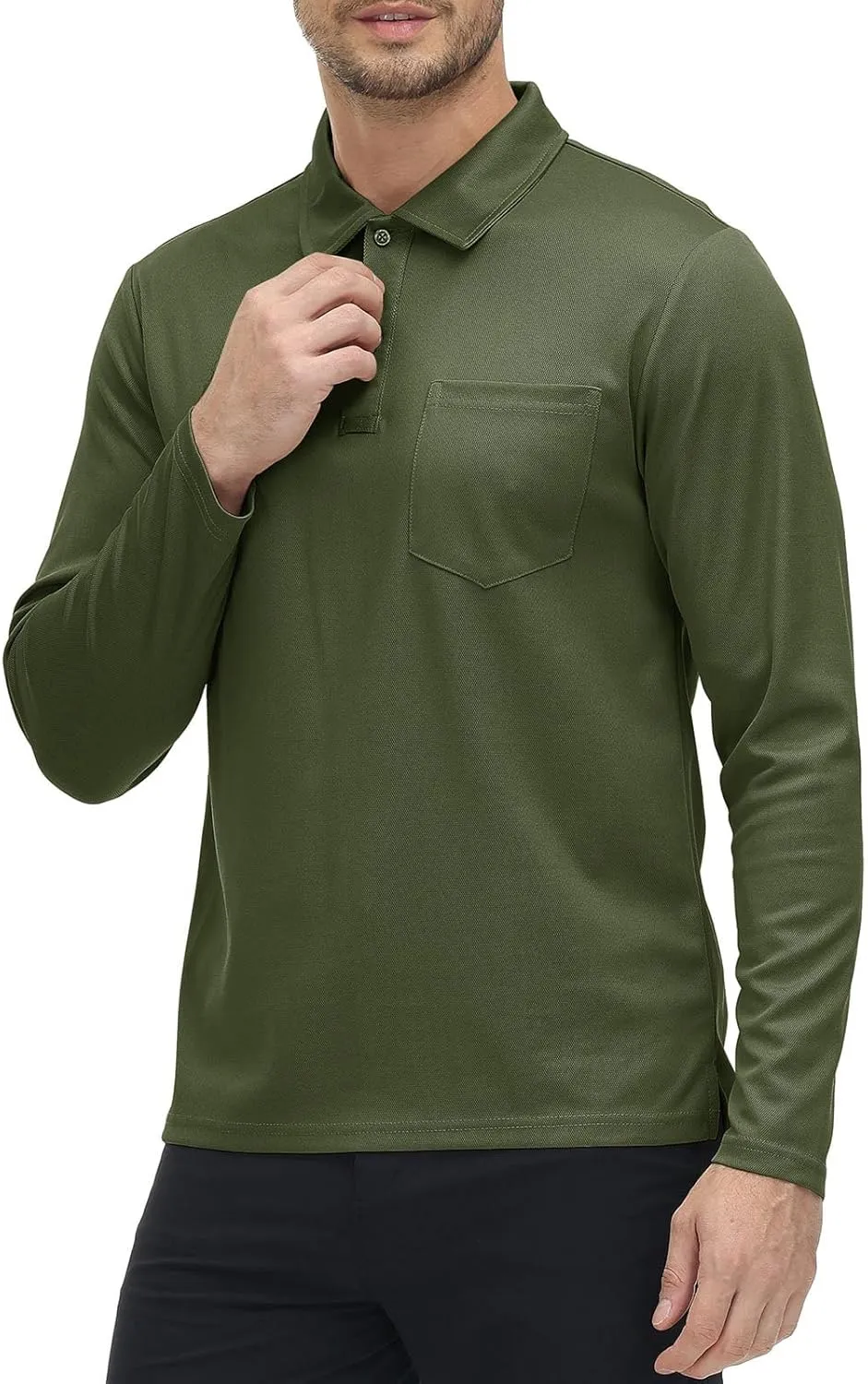 Rdruko Men's Polo with Pocket Long Sleeve Quick Dry Outdoor Golf Pullover Collared T-Shirt