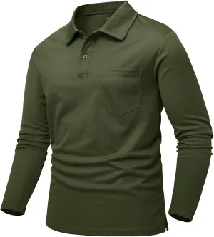 Rdruko Men's Polo with Pocket Long Sleeve Quick Dry Outdoor Golf Pullover Collared T-Shirt