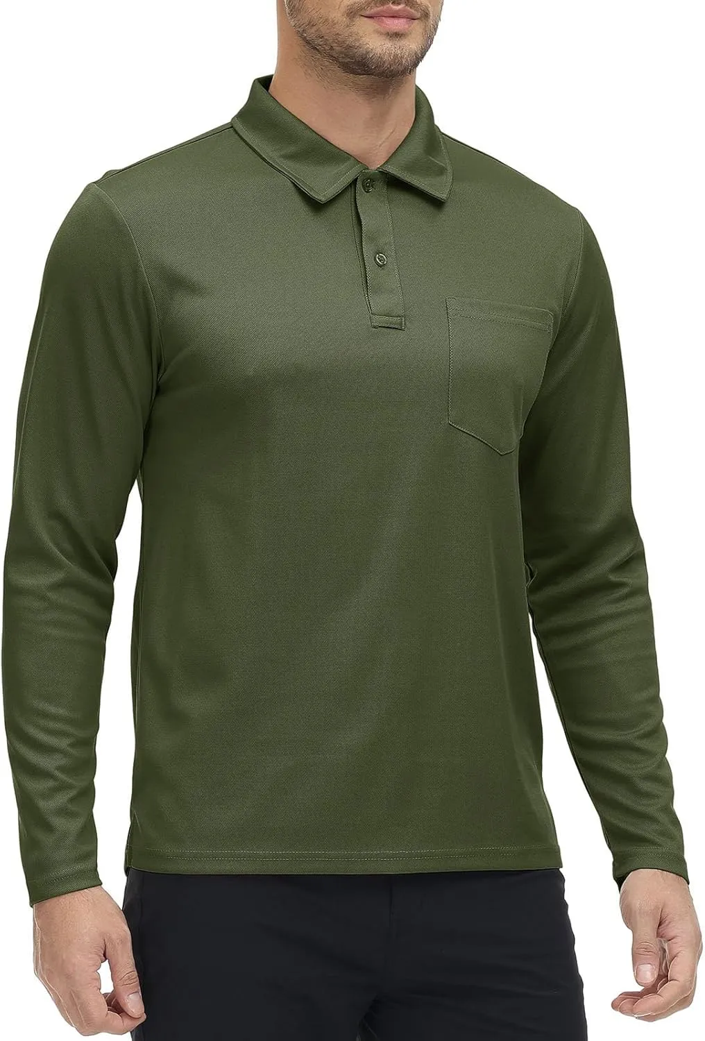 Rdruko Men's Polo with Pocket Long Sleeve Quick Dry Outdoor Golf Pullover Collared T-Shirt
