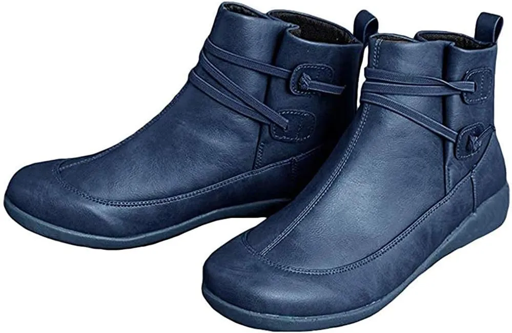 Ru Sweet Women's Arch Support Fashion Lace up Side Zip Vintage Booties Flat Heel