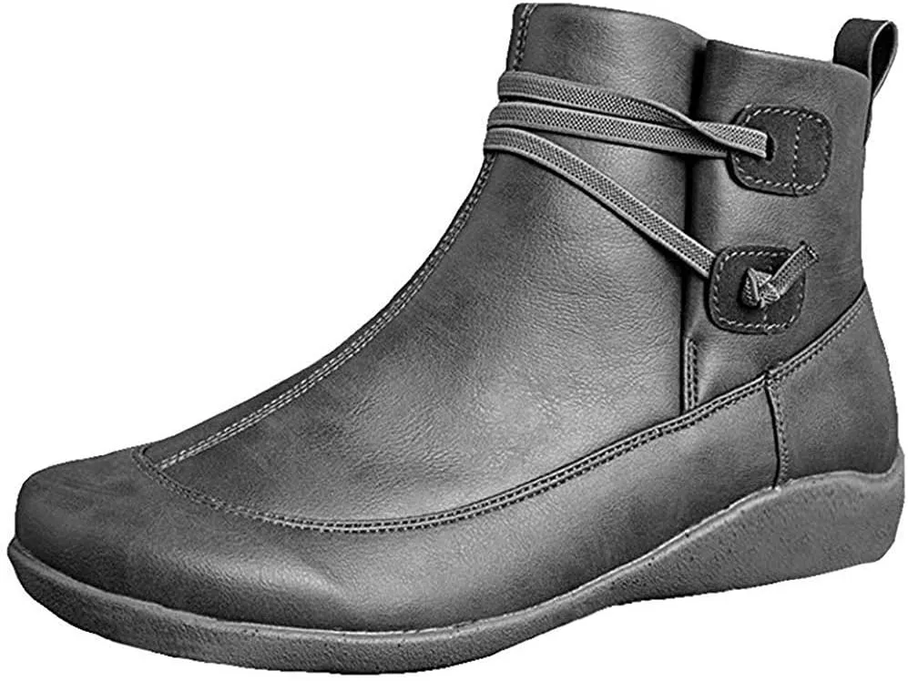 Ru Sweet Women's Arch Support Fashion Lace up Side Zip Vintage Booties Flat Heel