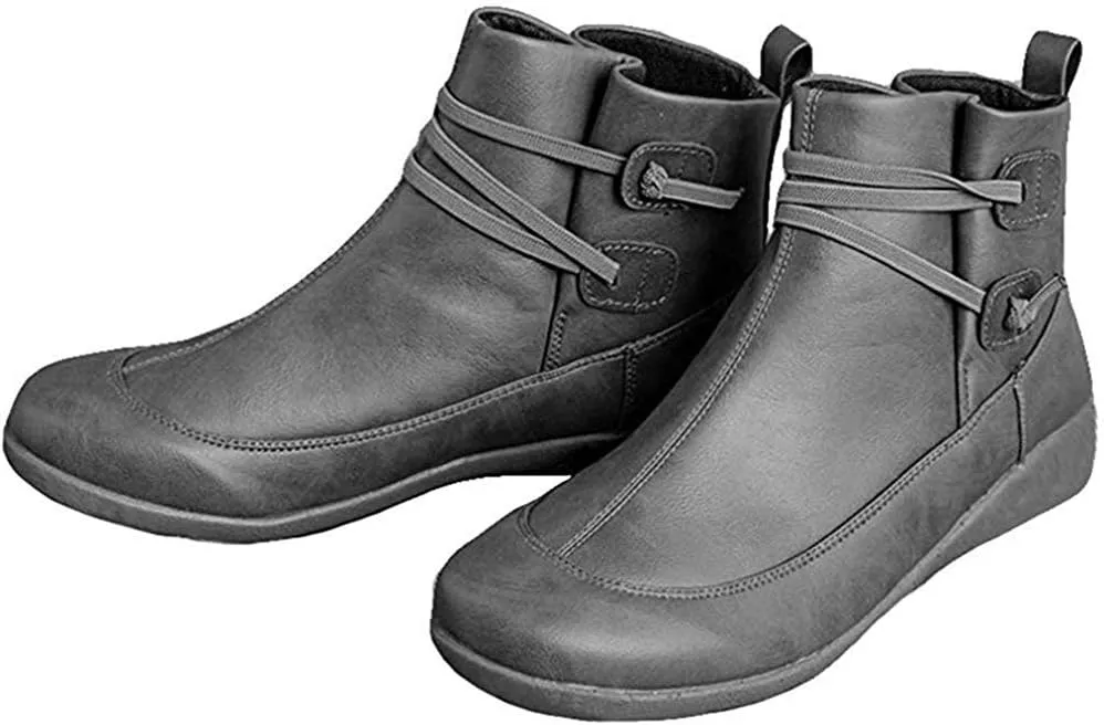Ru Sweet Women's Arch Support Fashion Lace up Side Zip Vintage Booties Flat Heel